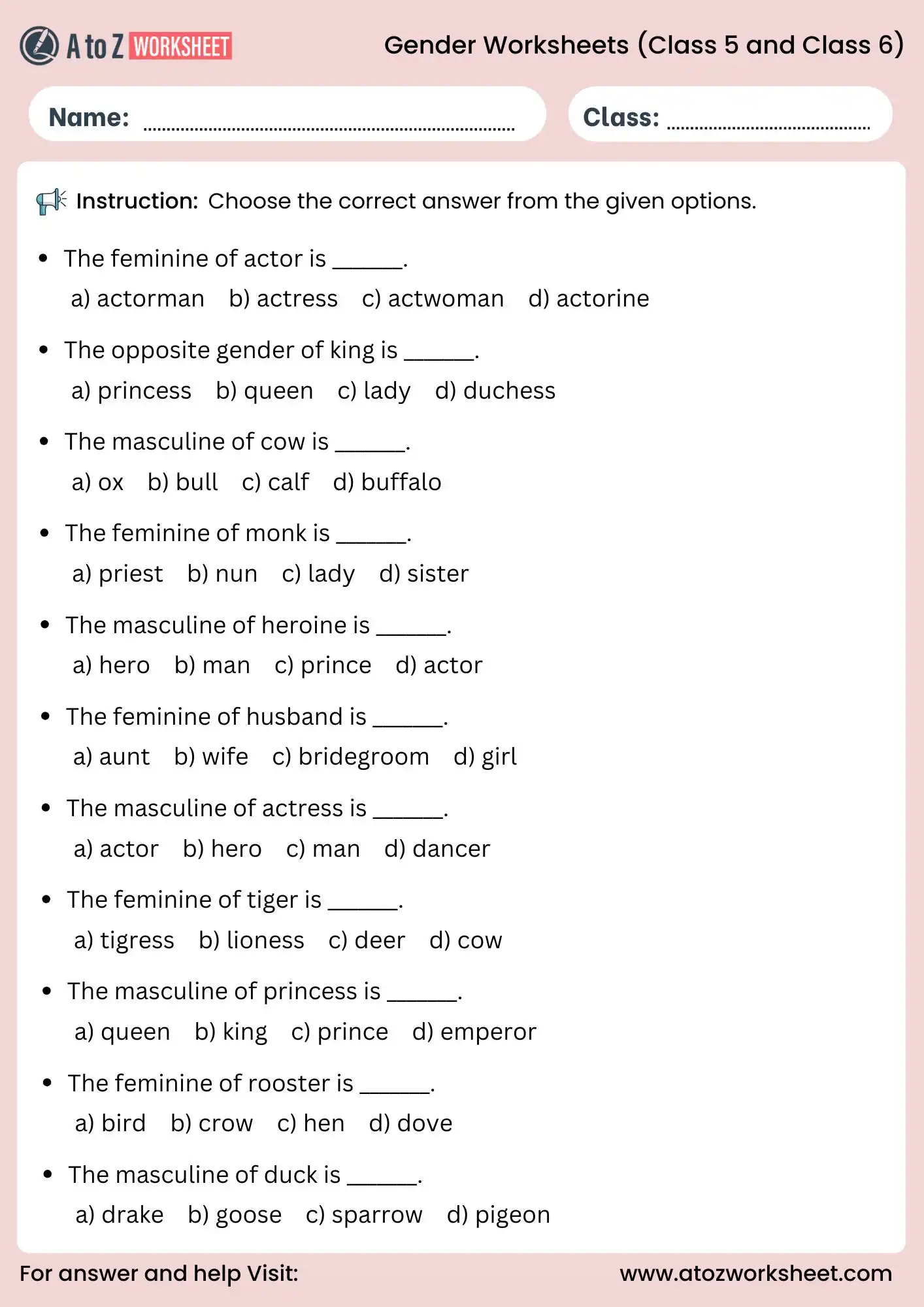 gender worksheets for class 5 and class 6 mcq grammar test