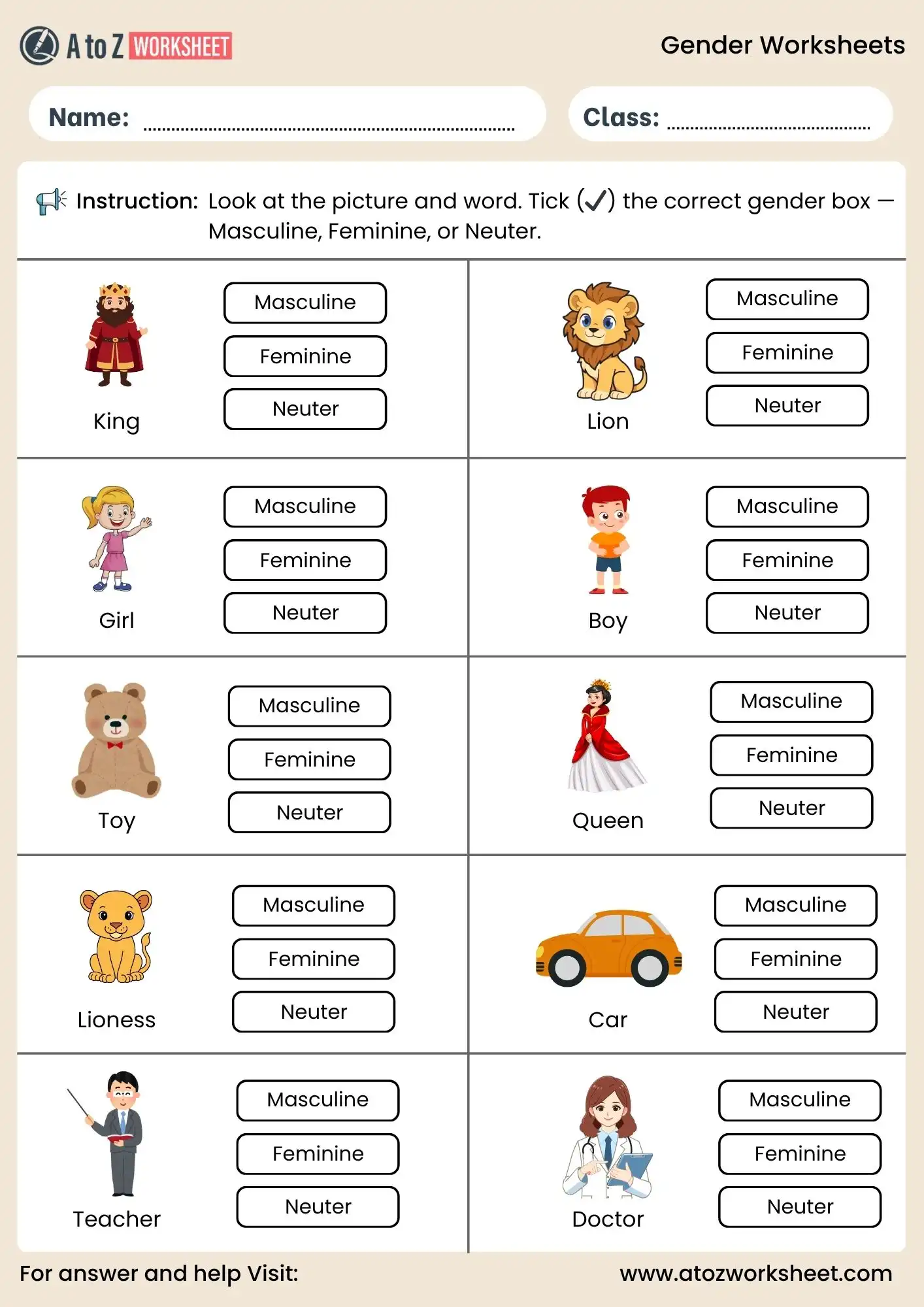 gender worksheets tick correct box grammar activity
