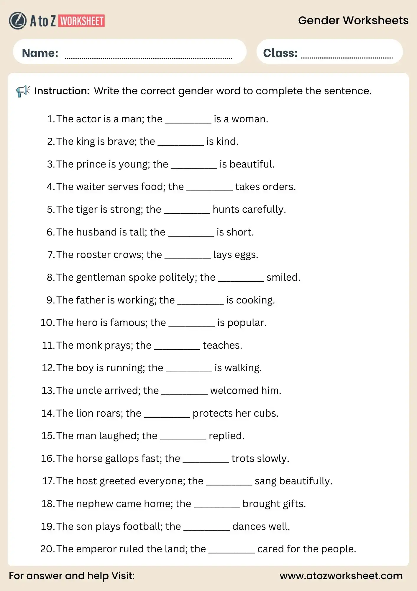 gender worksheets fill correct gender word