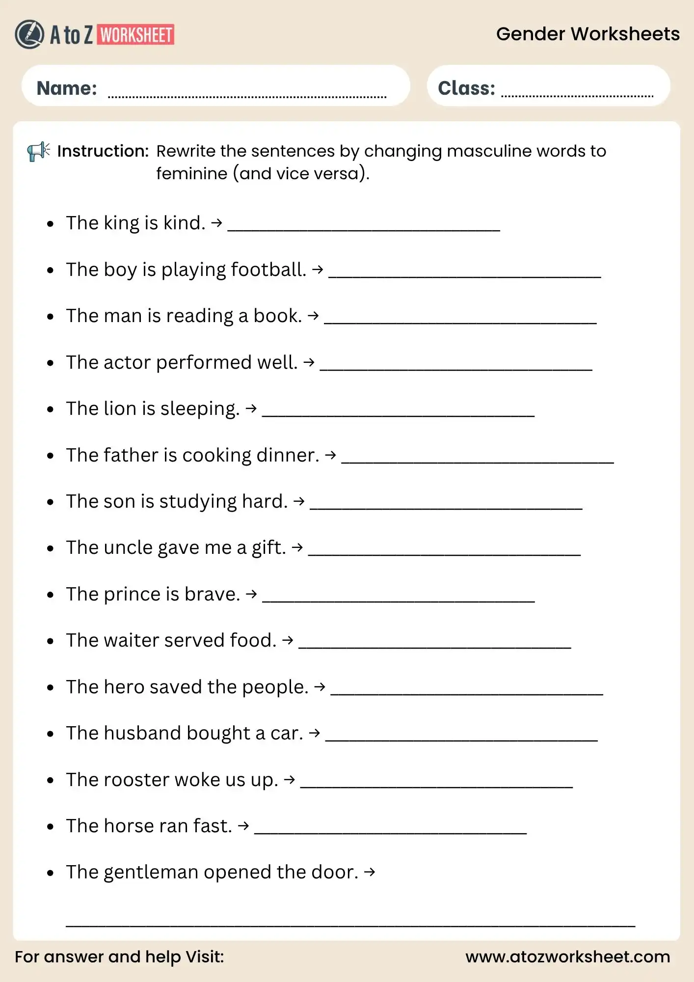 gender worksheets rewrite sentences changing gender