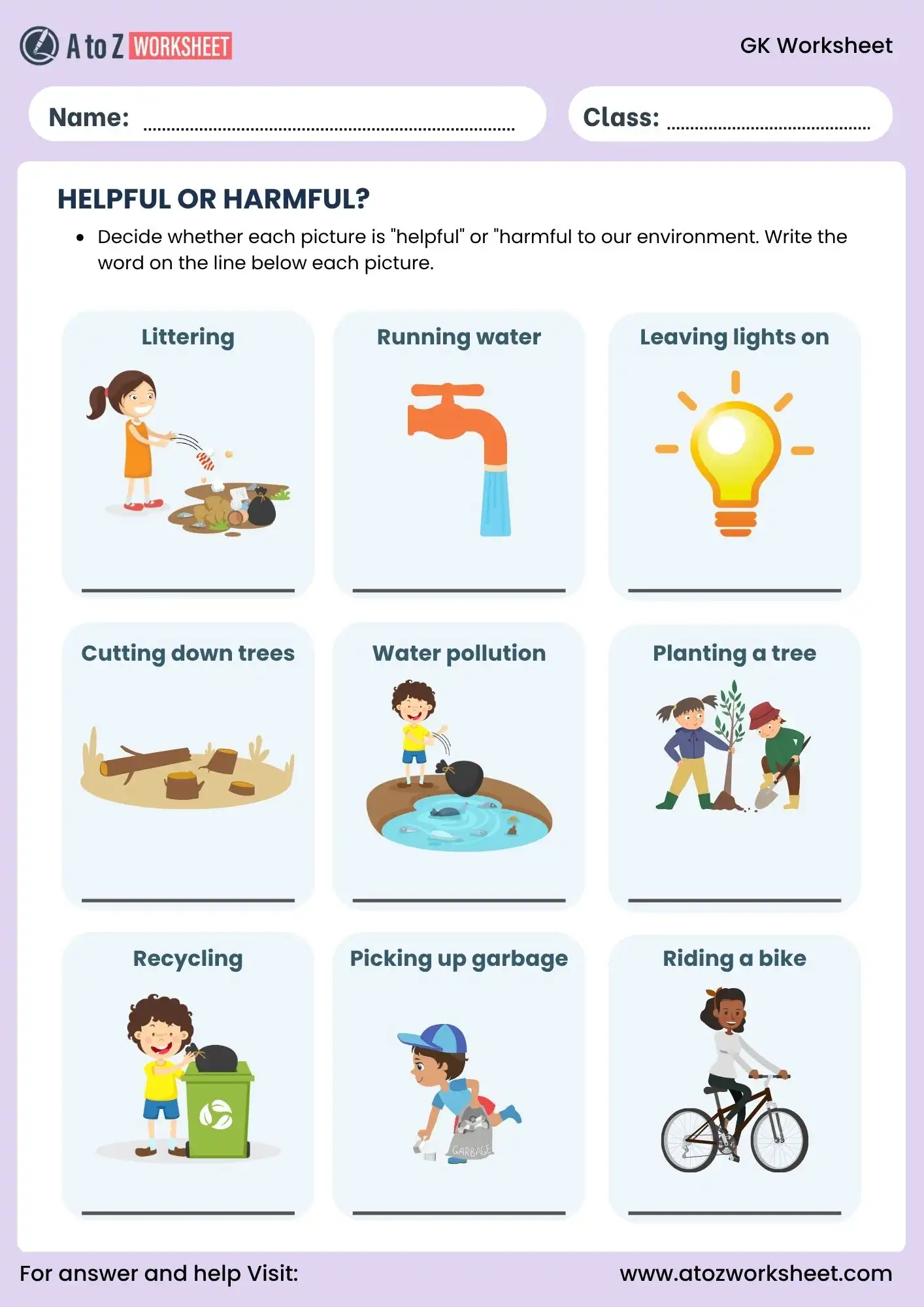 gk for class 1 worksheets helpful or harmful activity