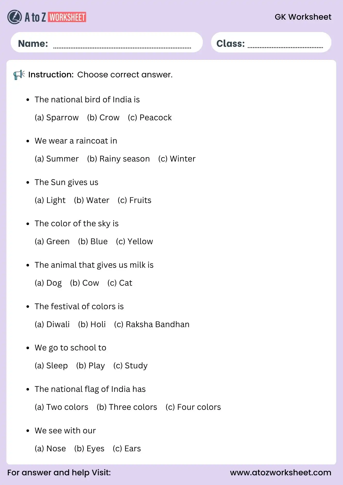 gk for class 1 worksheets mcq questions activity
