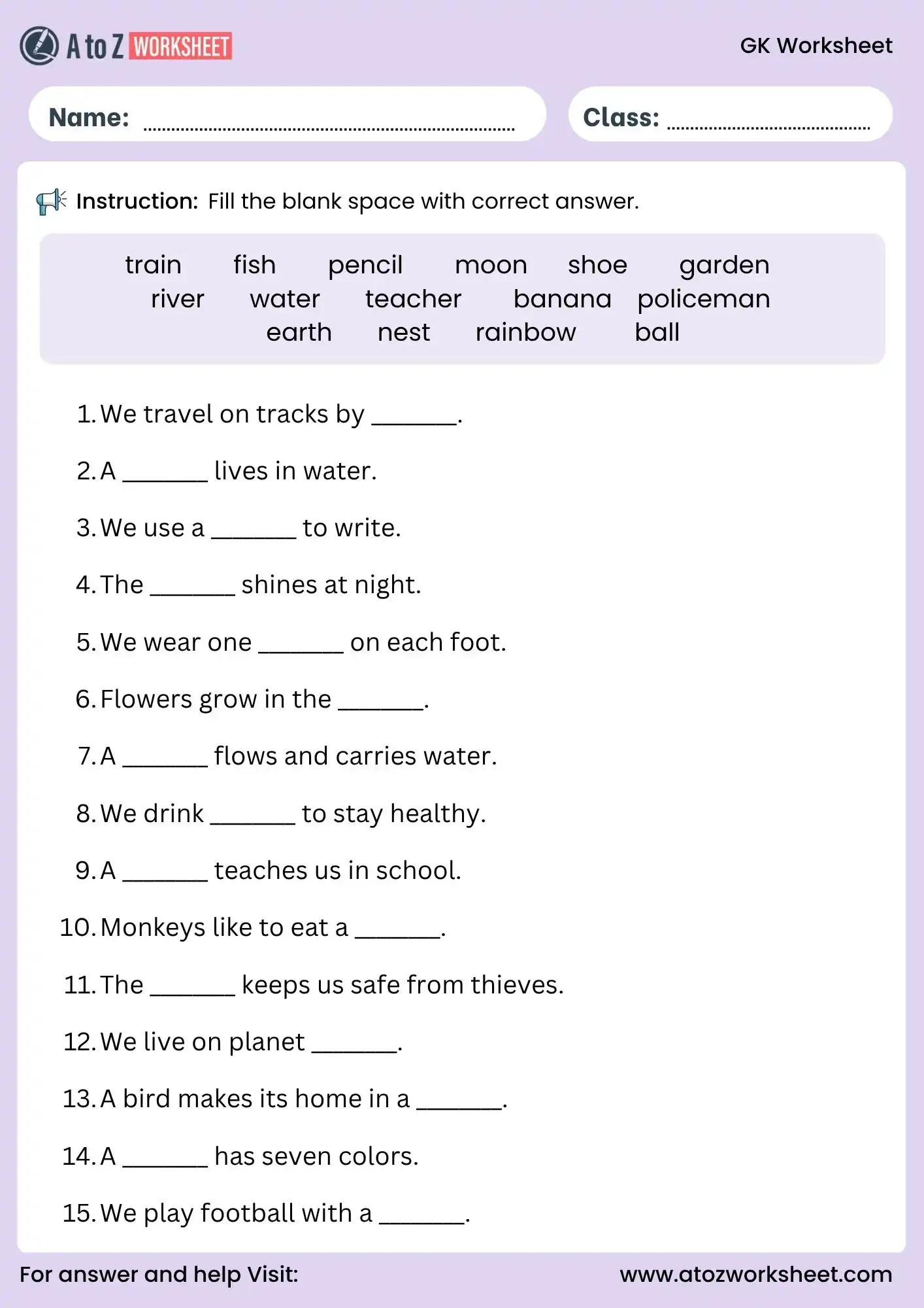 gk for class 1 worksheets fill in the blanks activity