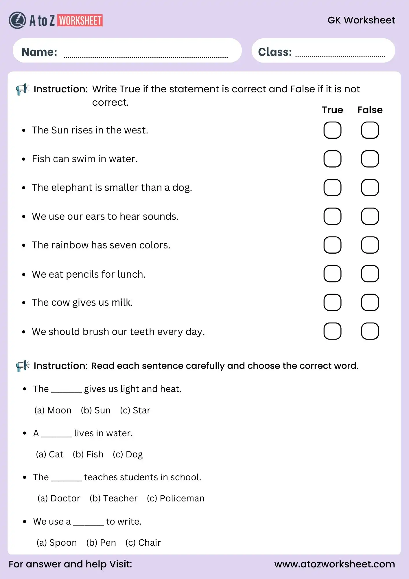 gk for class 1 worksheets true false and quiz questions