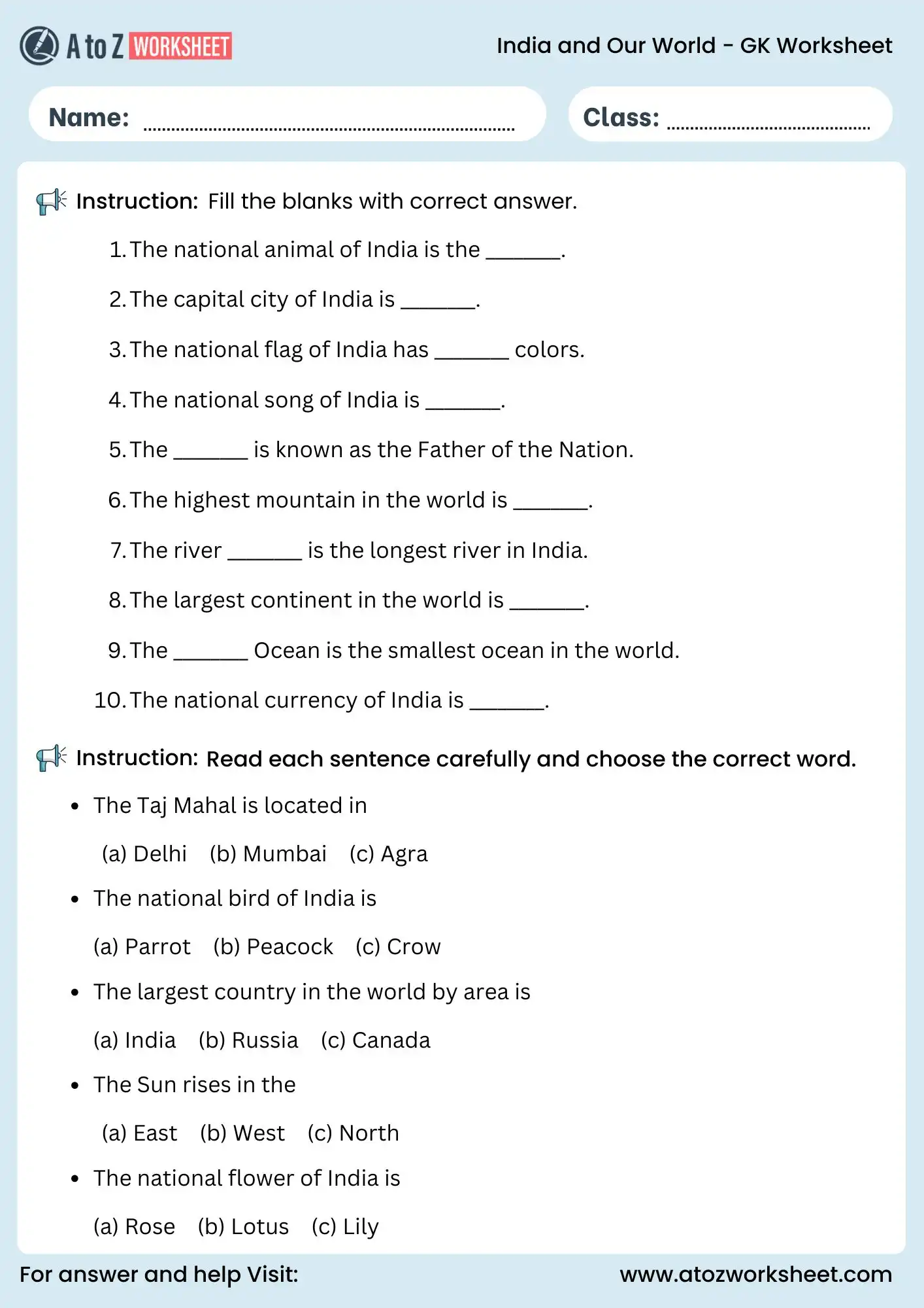 gk worksheet for class 3 and class 4 india and our world activity