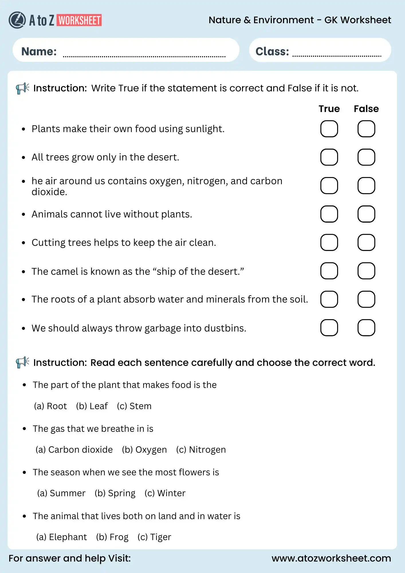 gk worksheet for class 3 and class 4 nature and environment quiz