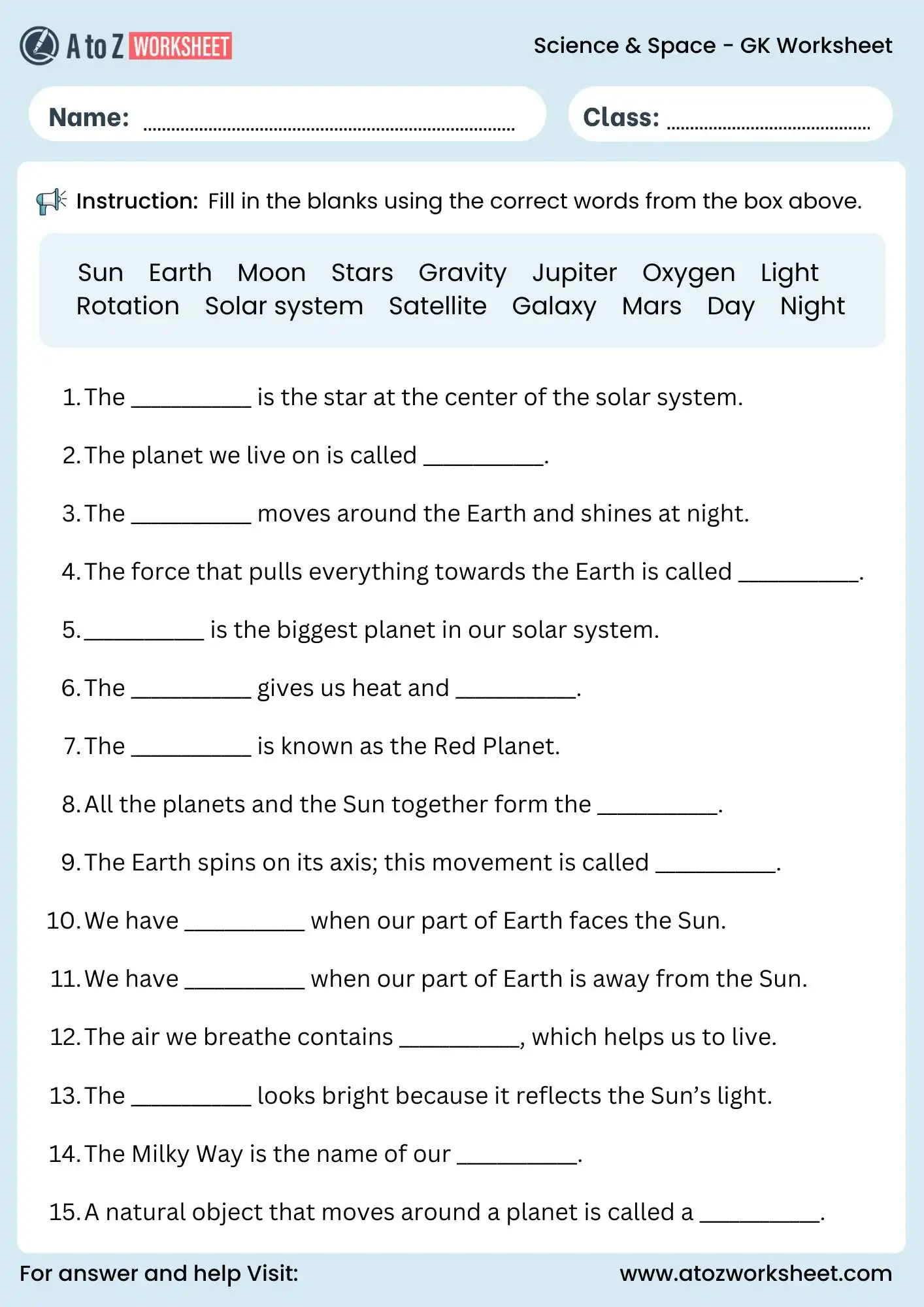 gk worksheet for class 3 and class 4 science and space quiz