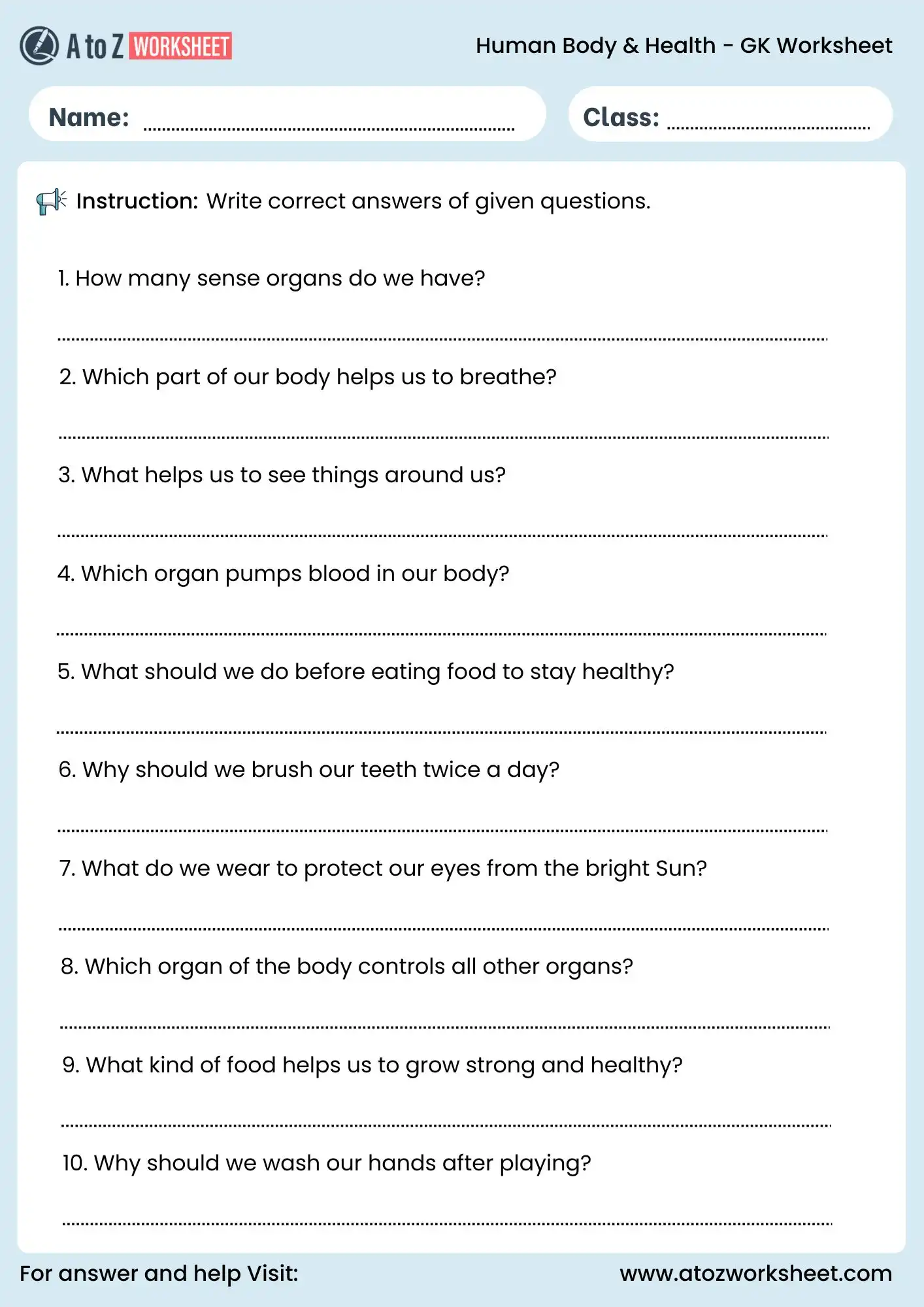 gk worksheet for class 3 and class 4 human body and health questions