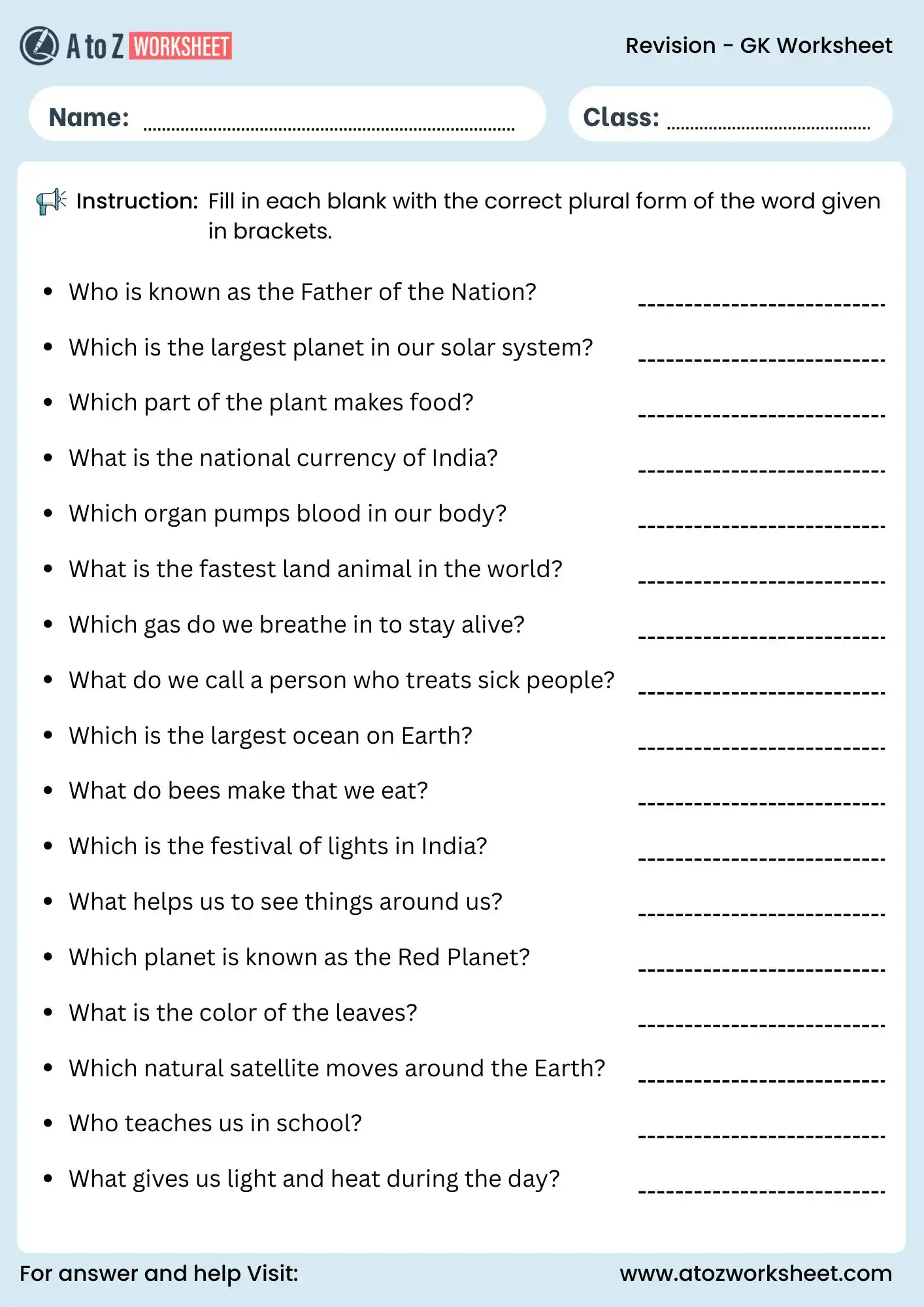 gk worksheet for class 3 and class 4 revision questions