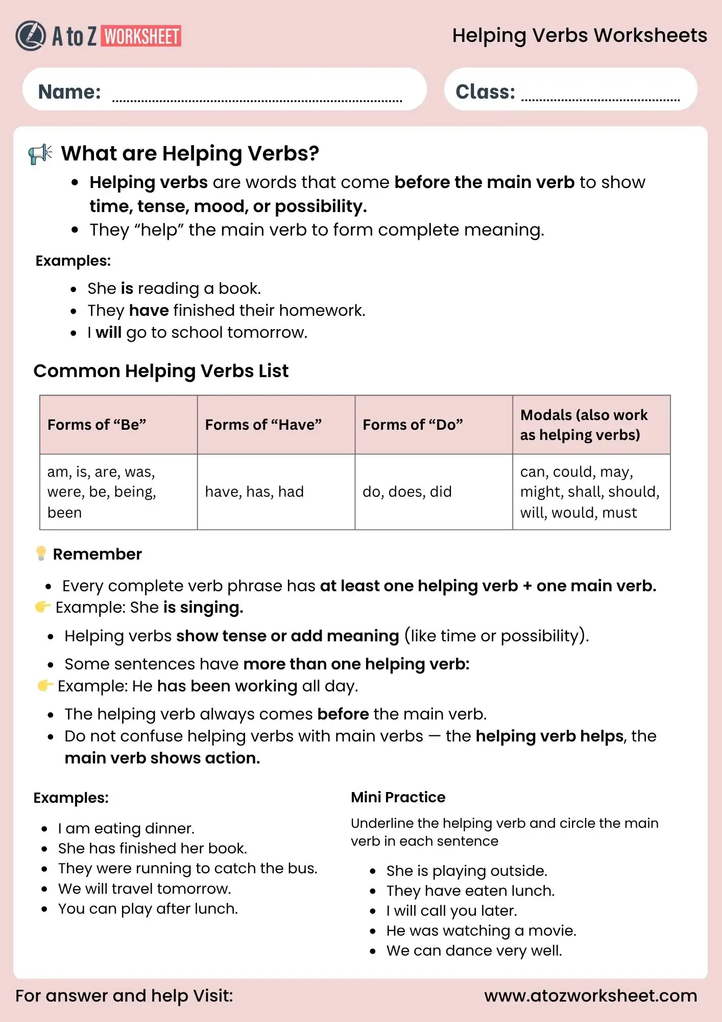 helping verbs worksheets chart for class 2 3 4