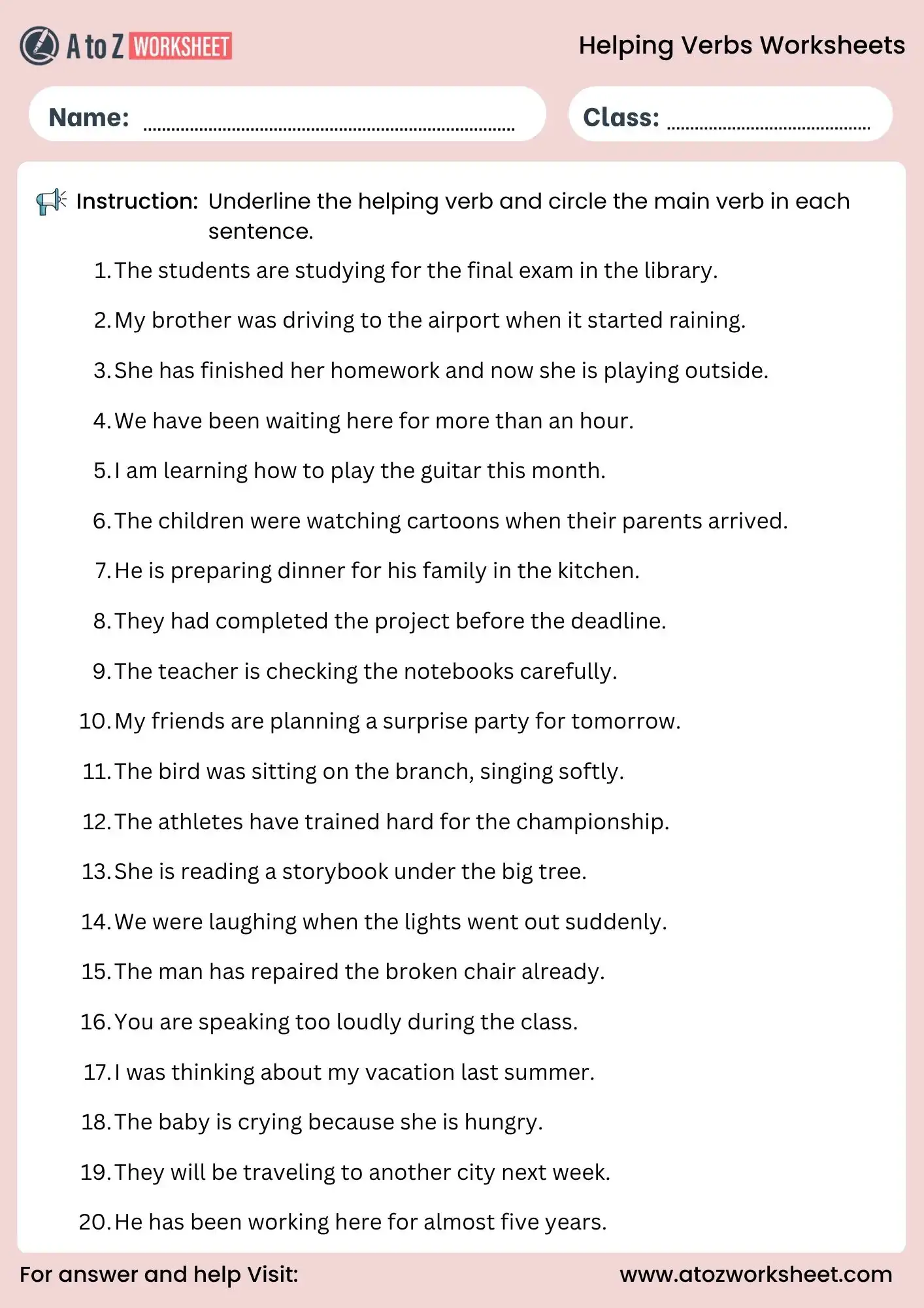 helping verbs worksheets underline and circle activity