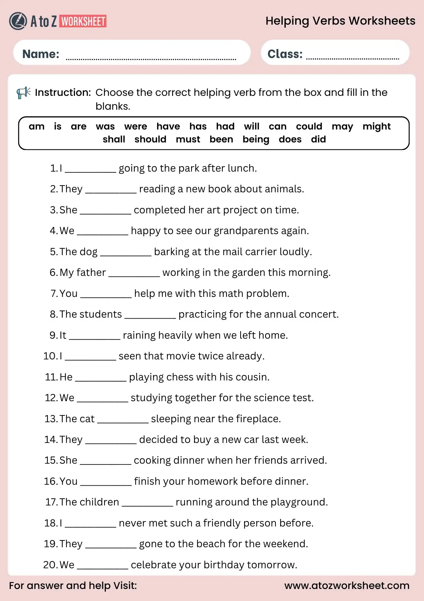 helping verbs worksheets fill blanks grammar exercise