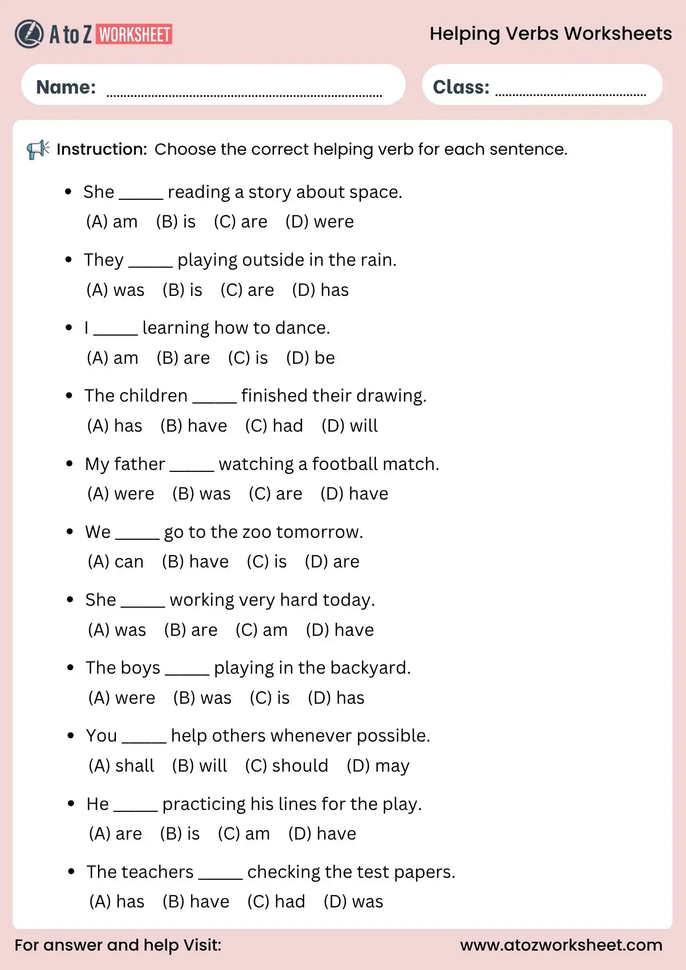 helping verbs worksheets mcq choose correct answer activity
