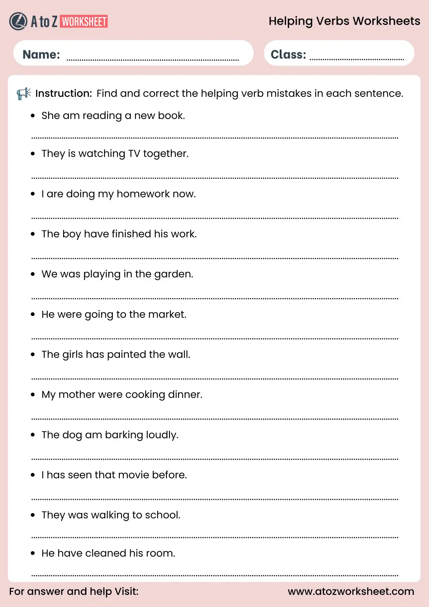 helping verbs worksheets correct wrong sentences grammar