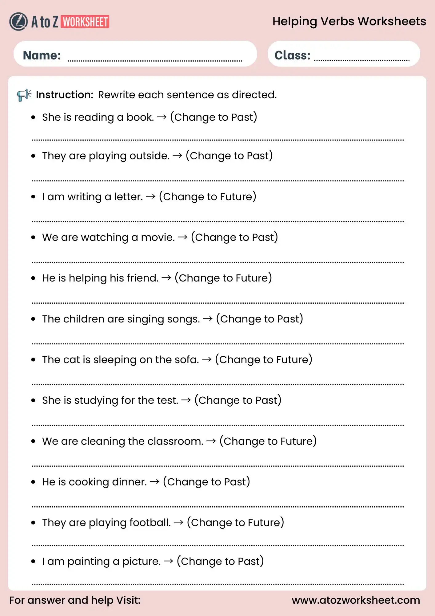 helping verbs worksheets change tense grammar exercise