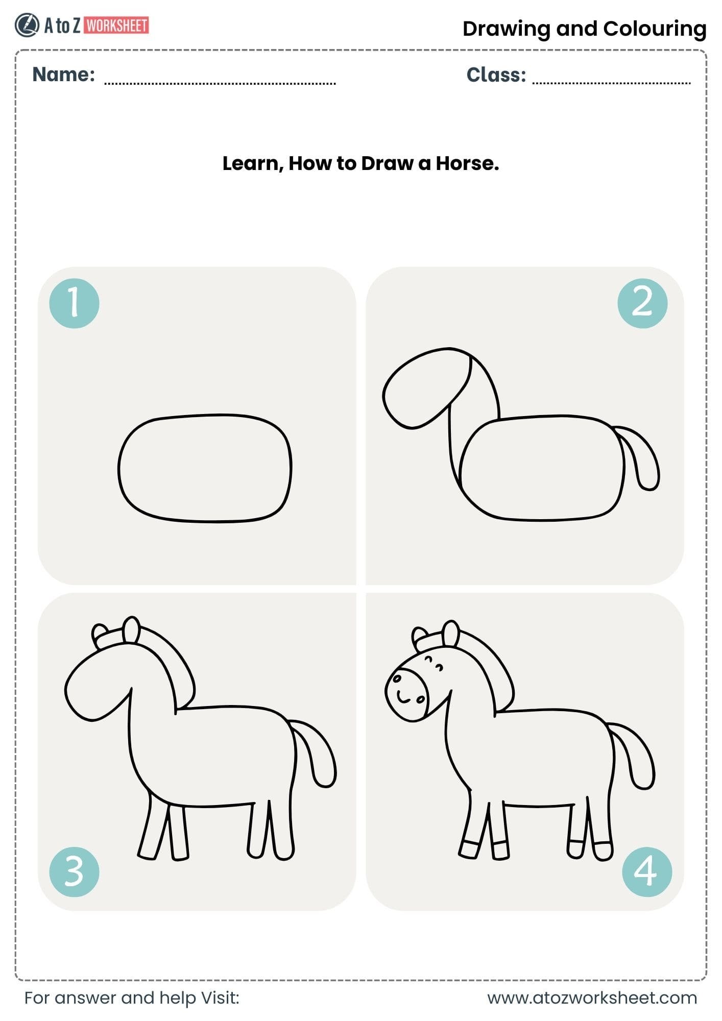 draw horse step by step grid drawing colouring worksheets
