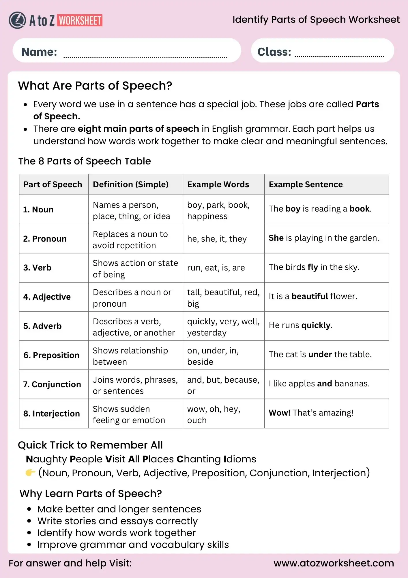 identify parts of speech worksheets grammar chart for grade 3 students