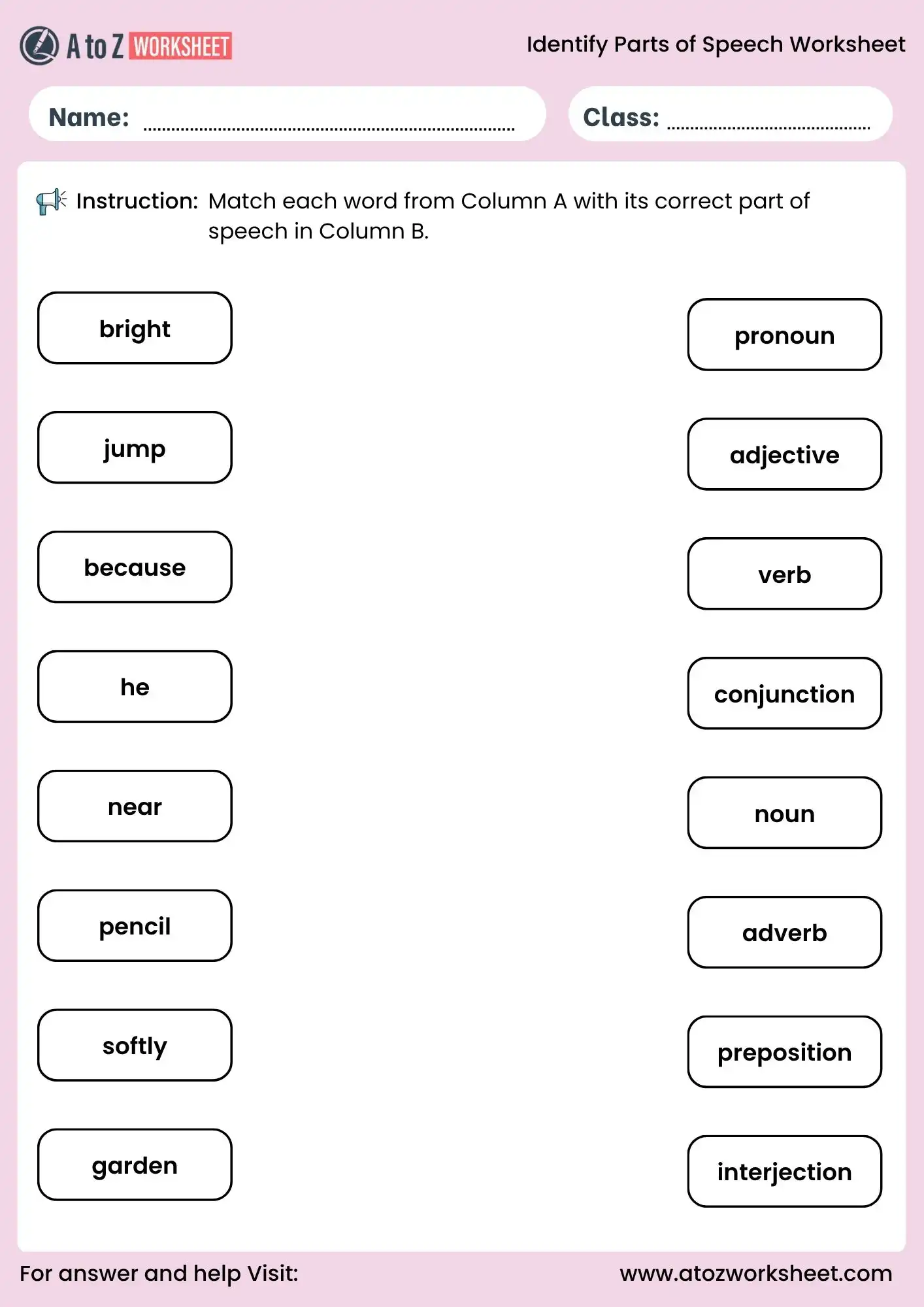 identify parts of speech worksheets matching activity with answers