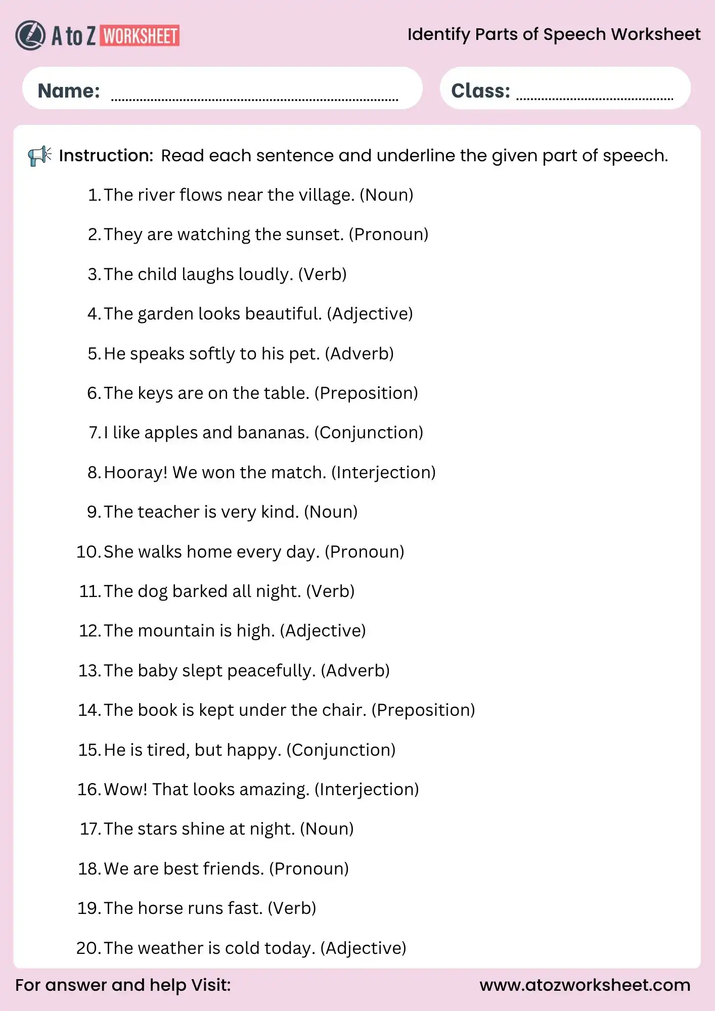 identify parts of speech worksheets underline activity for grade 4 kids