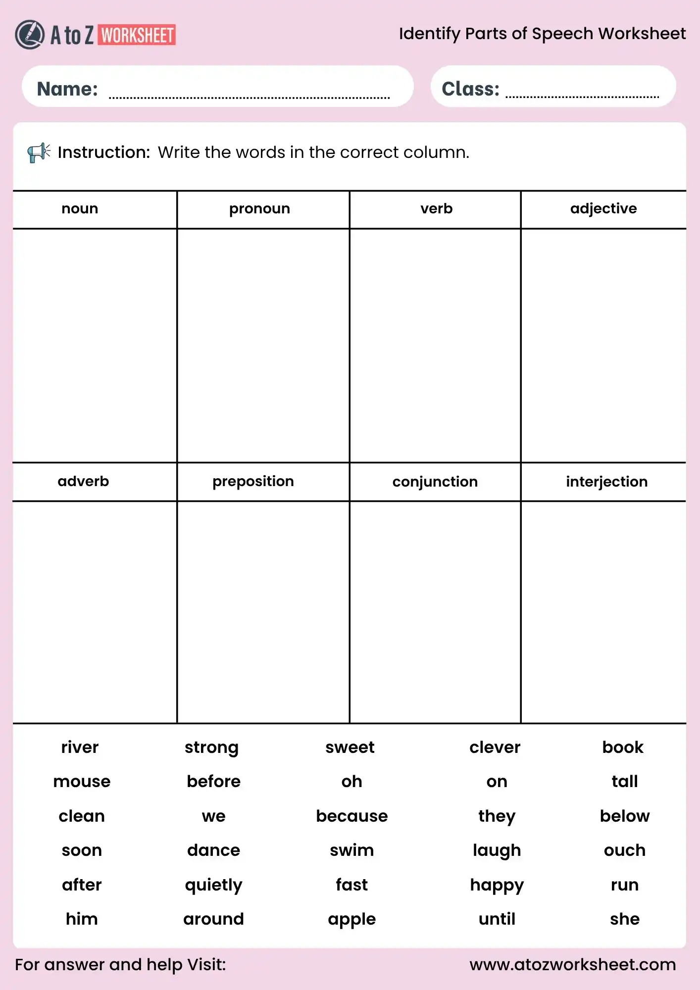 identify parts of speech worksheets sorting exercise for practice