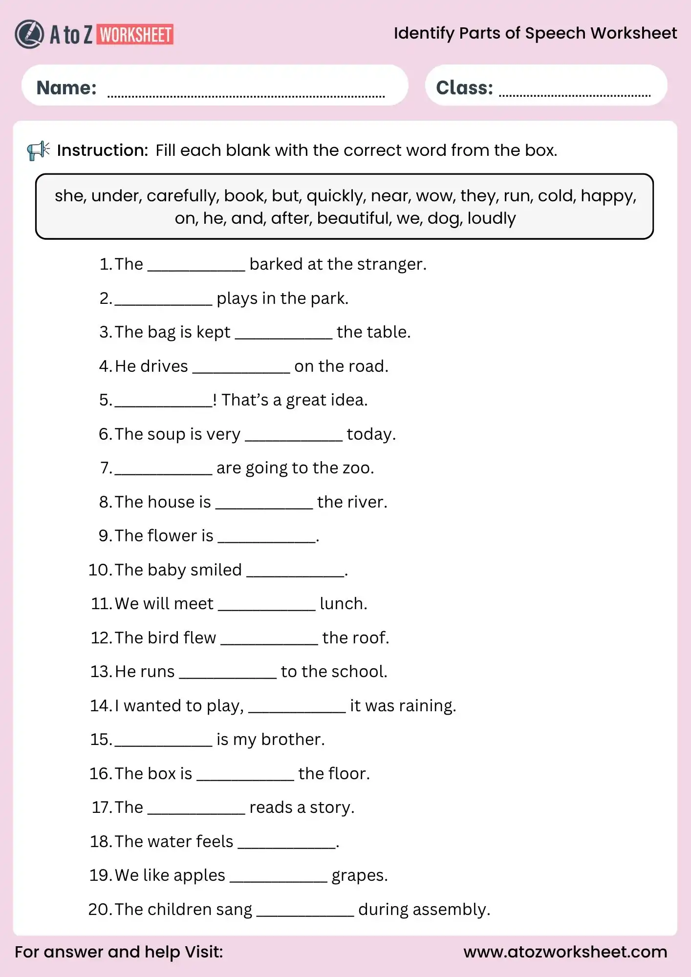 identify parts of speech worksheets fill in the blanks activity