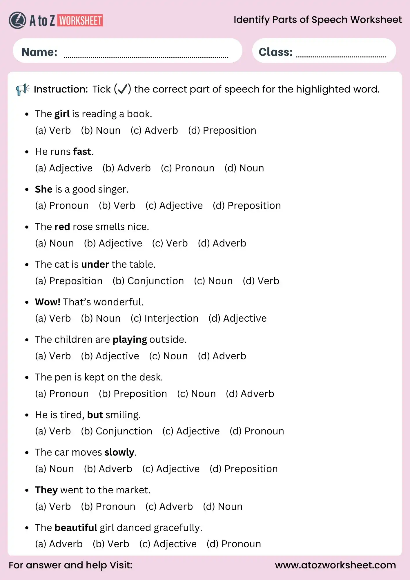 identify parts of speech worksheets mcq test with answers