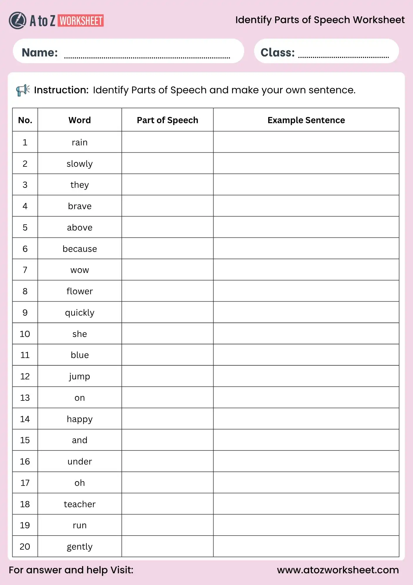 identify parts of speech worksheets sentence making activity