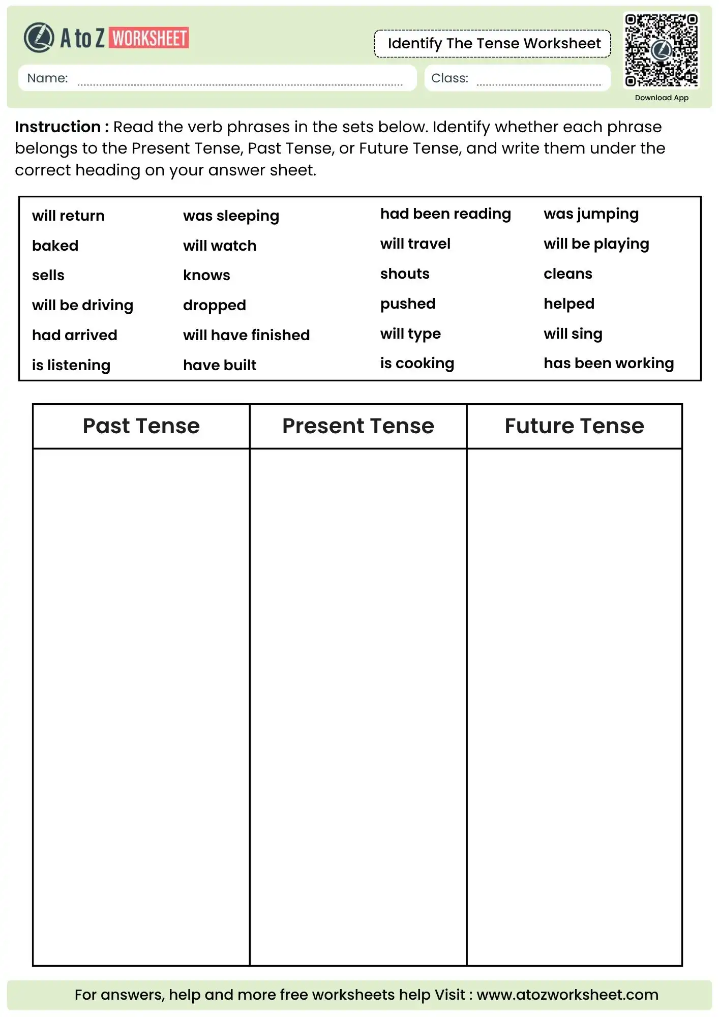 identify the tense worksheets featuring a mixed verb phrase sorting chart for three timelines