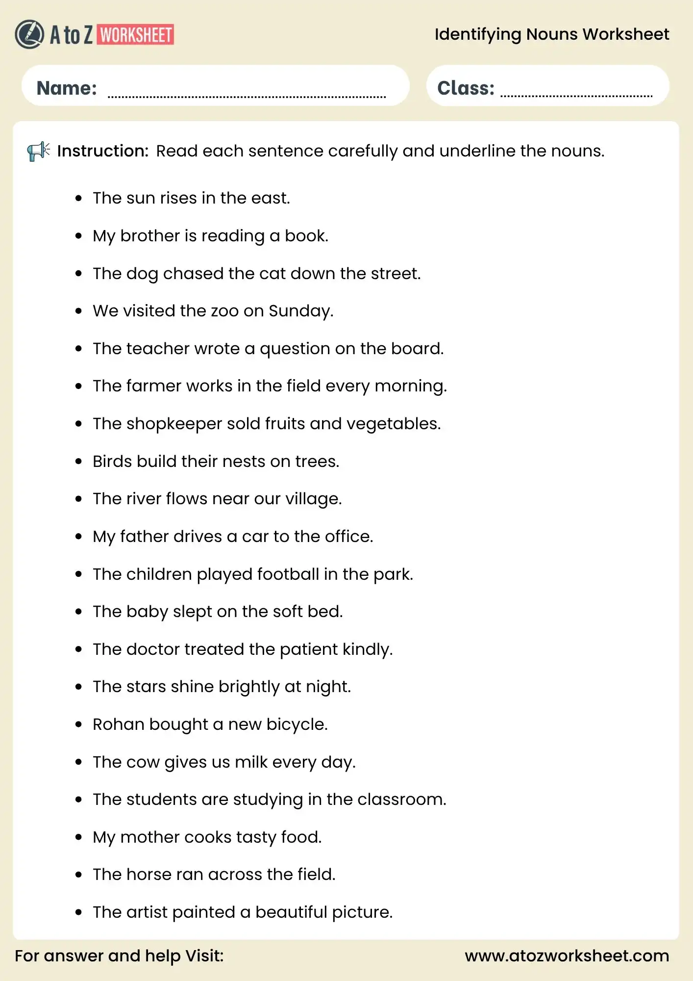 identifying nouns worksheets for grade 2 to grade 5 underline activity