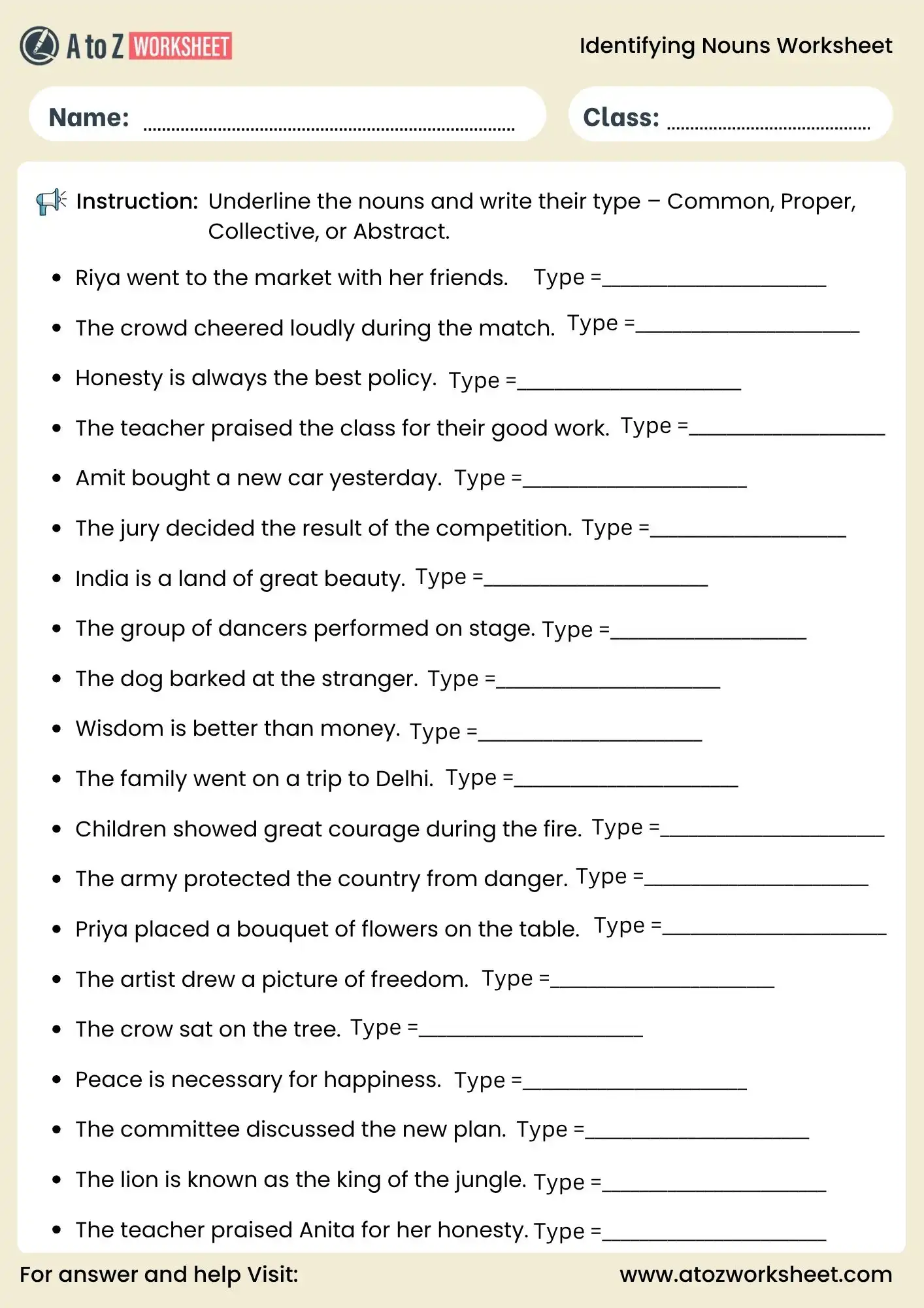 identifying nouns worksheets for grade 2 to grade 5 noun types activity