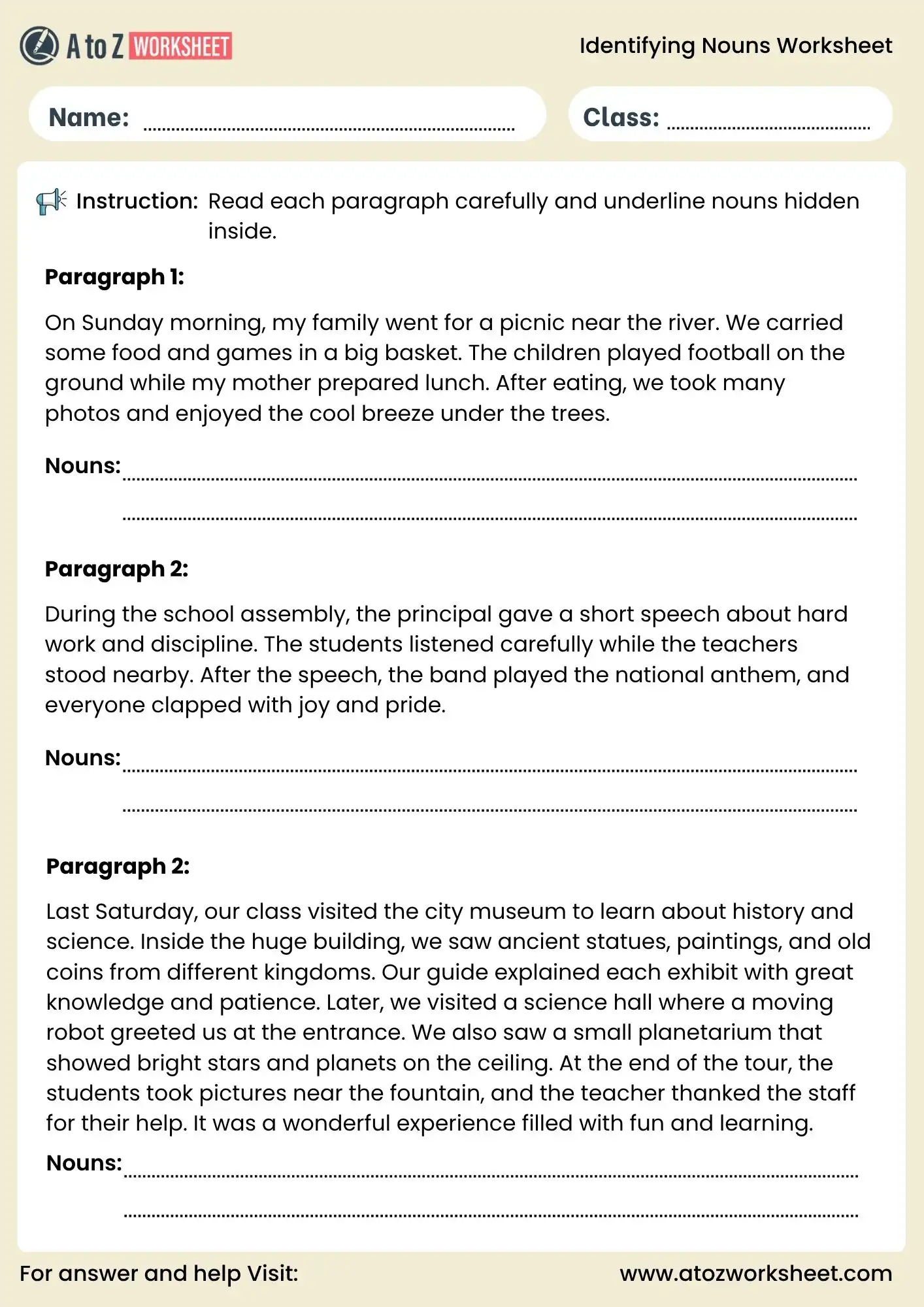 identifying nouns worksheets for grade 2 to grade 5 paragraph reading activity