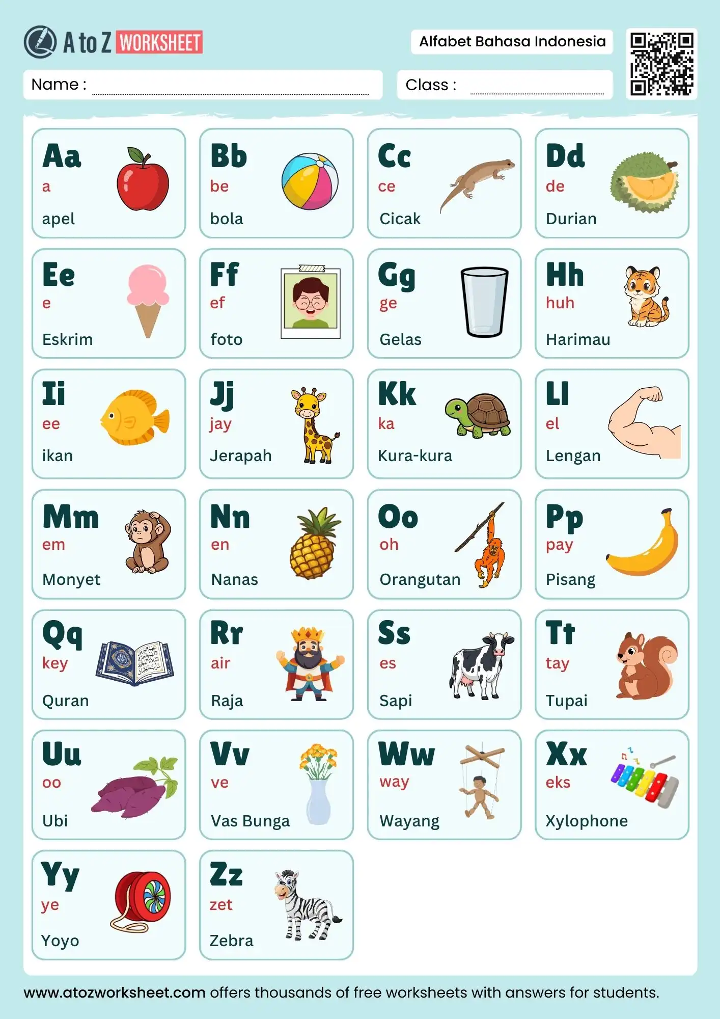 a to z indonesian alphabet chart with pronunciation and pictures for kids