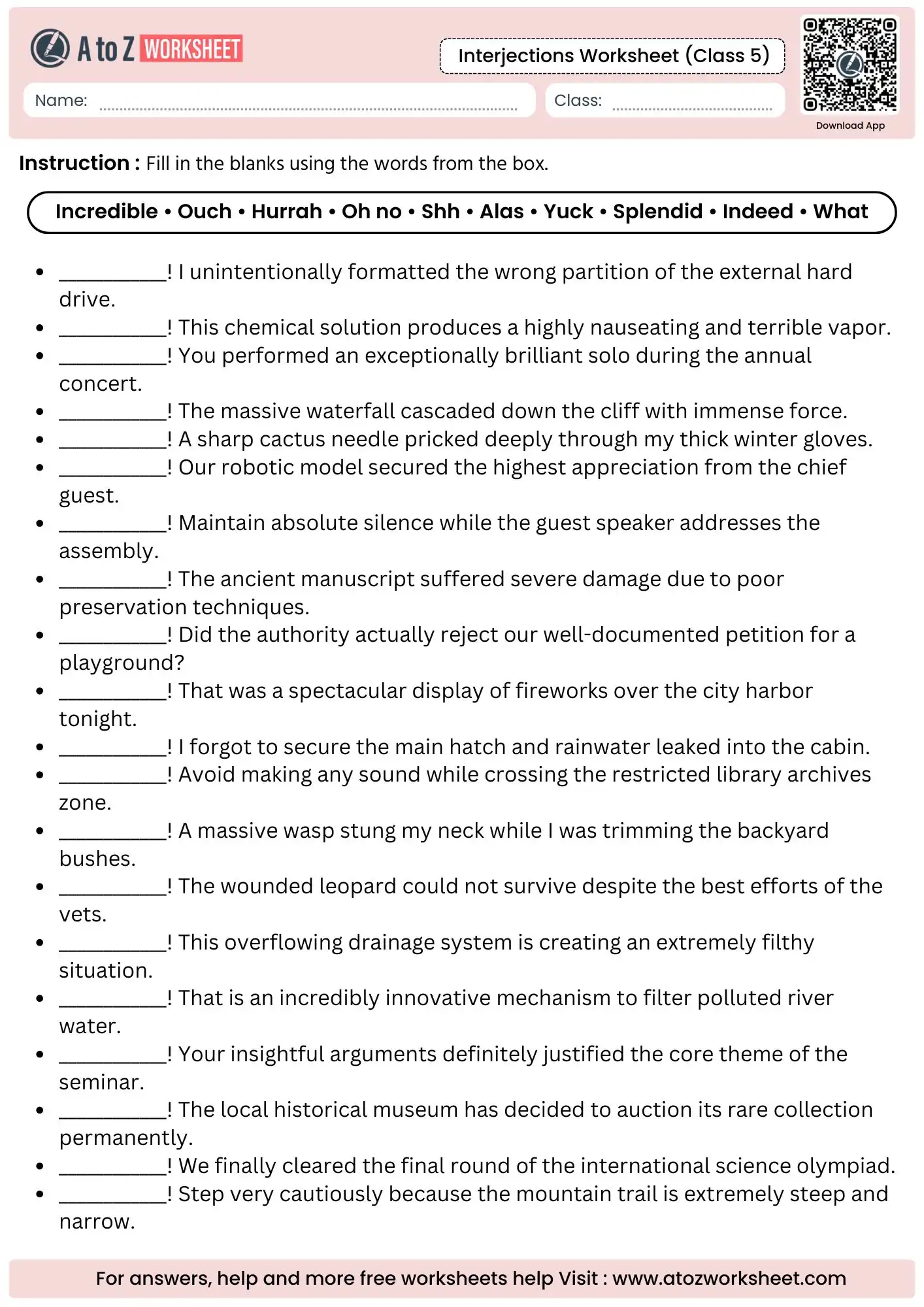 context driven word box blank filling assignment page inside a printable interjection worksheet for class 5.
