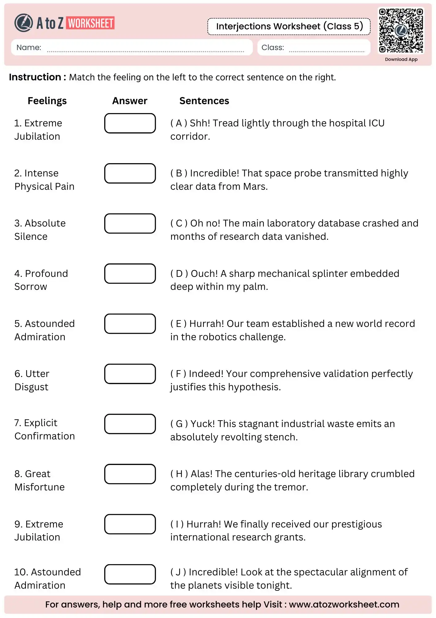 abstract emotional matching matrix linking psychological folders to statements inside an interjection worksheet for class 5.
