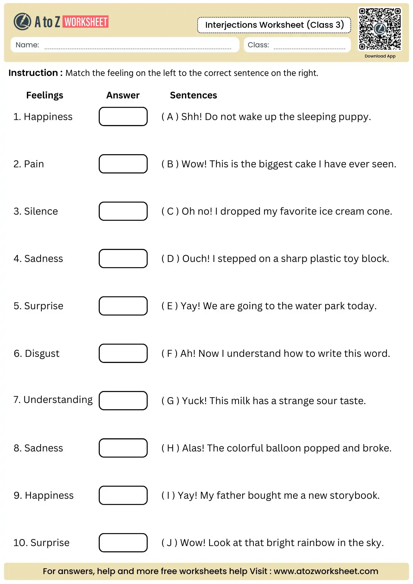 emotion matching and logical bridge challenge page in an interjections worksheet for class 3.