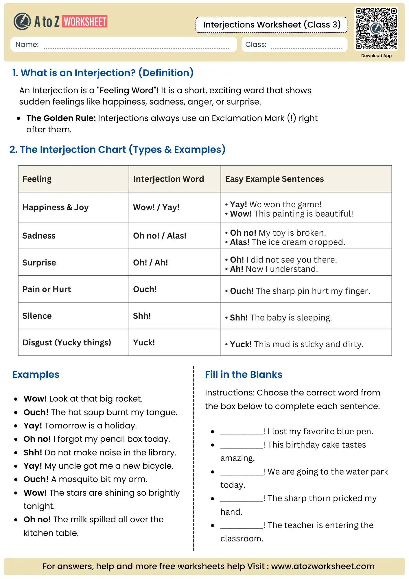concept definition table and vocabulary box fill in the blanks in an interjections worksheet for class 3.