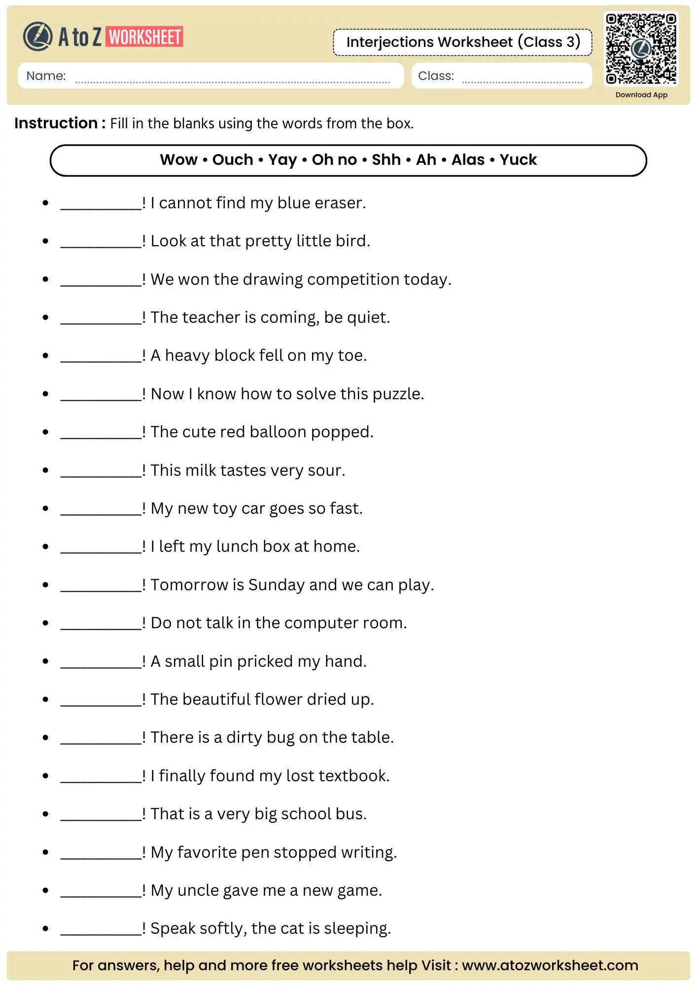 full page word box fill in the blanks activity in an interjections worksheet for class 3.