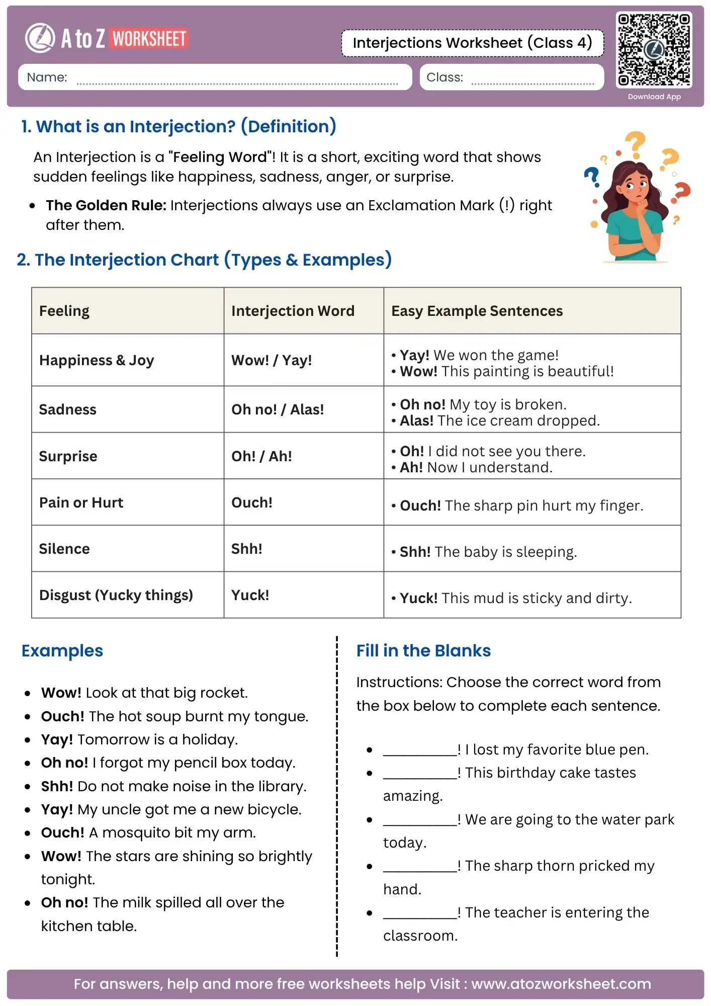 nalytical chart layout detailing type meanings alongside blank completion boxes within an interjections worksheet for class 4.