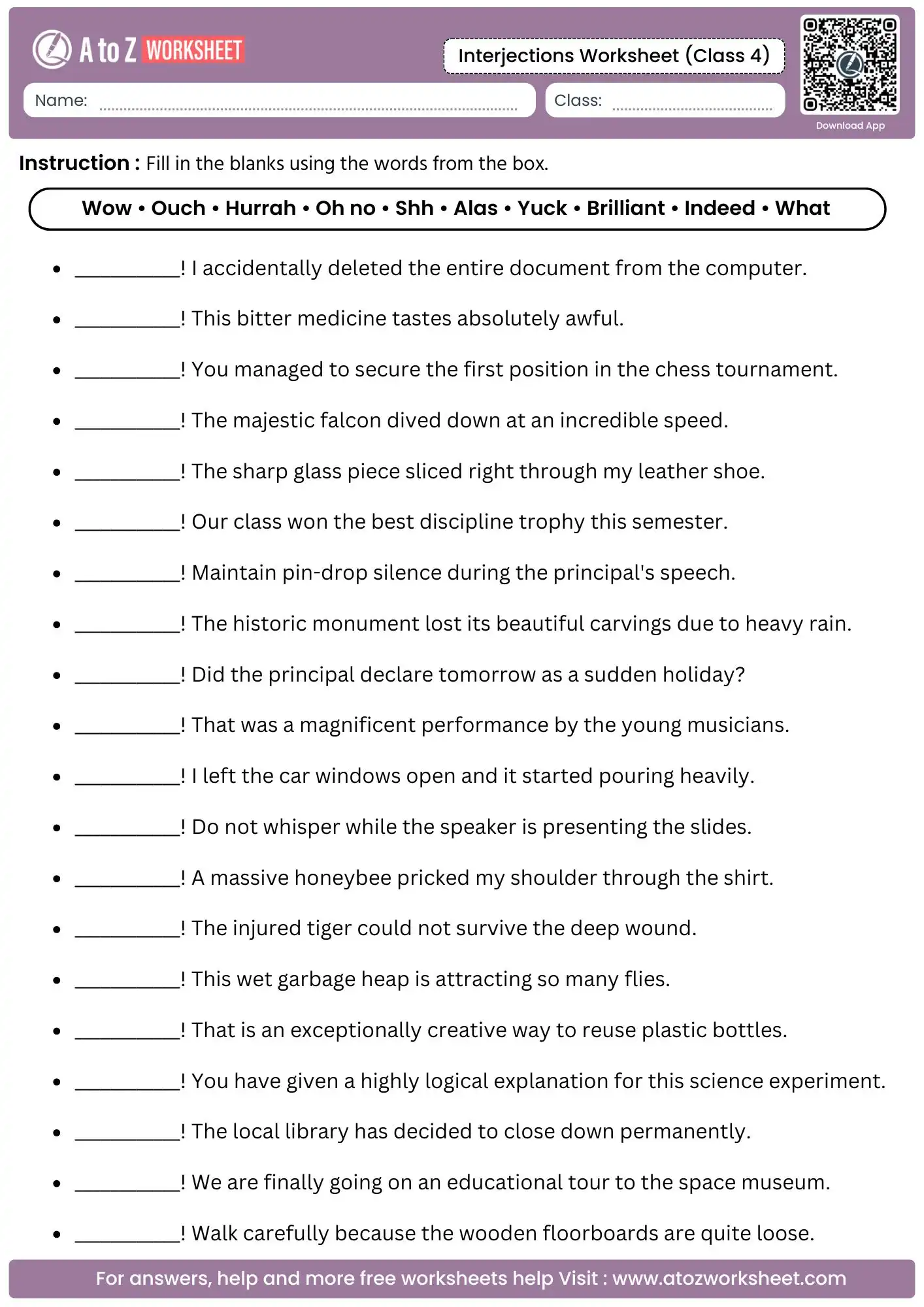 master vocabulary bank box fill in the blanks section inside a printable interjections worksheet for class 4.
