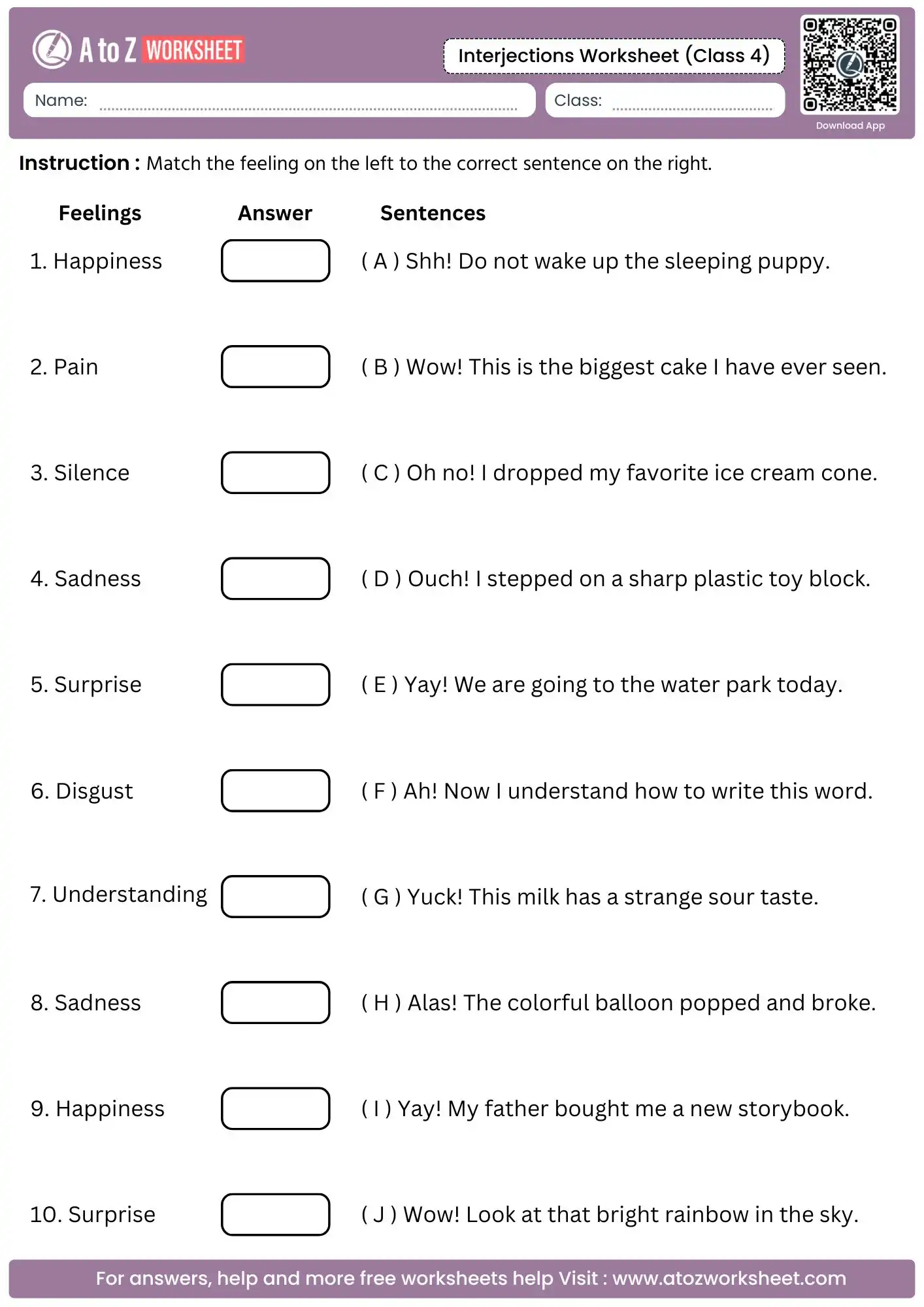 logical matching lines exercise pairing core human feelings to statements within an interjections worksheet for class 4.
