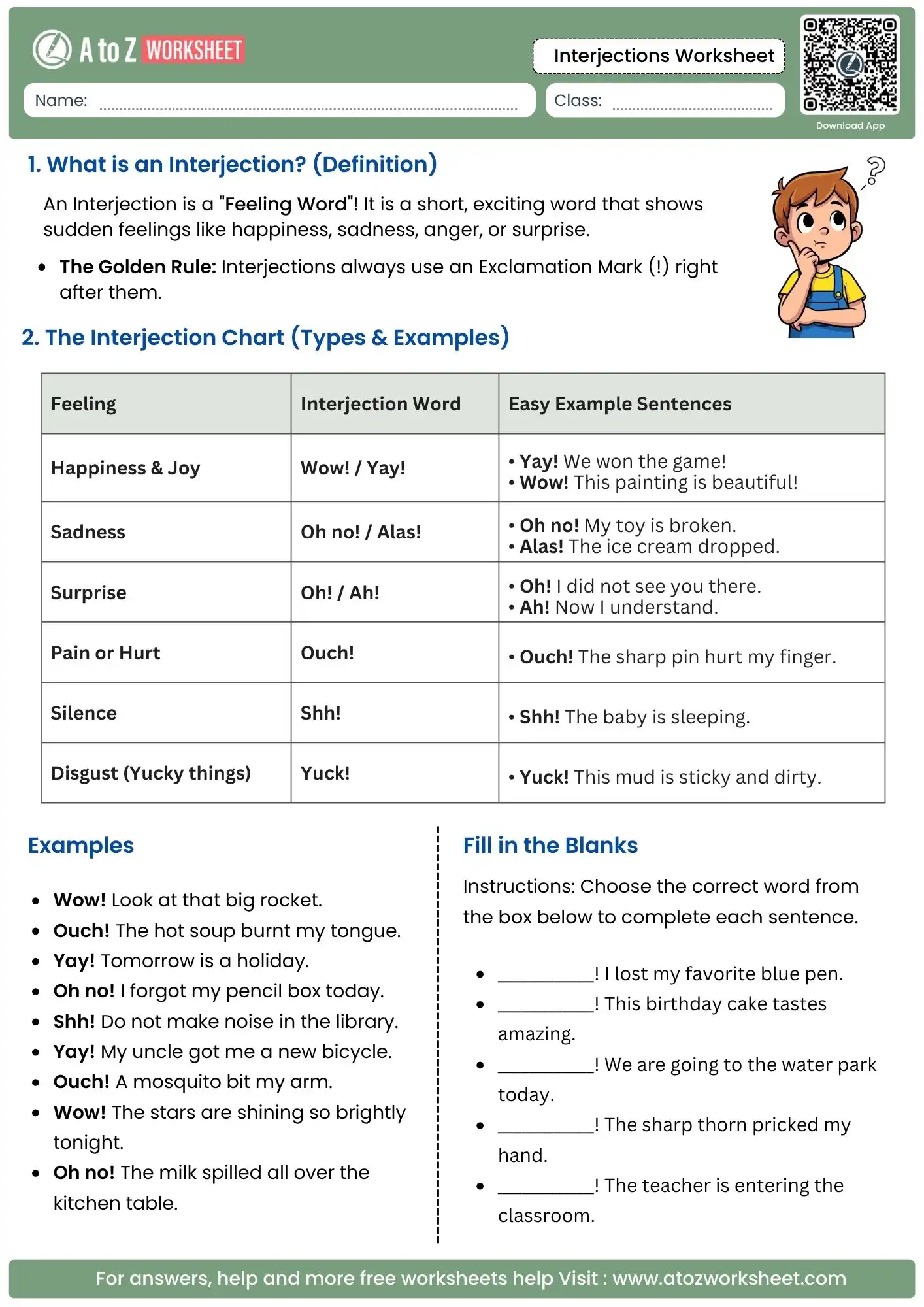 analytical chart and fill in the blanks section inside a beginner level interjections worksheet.