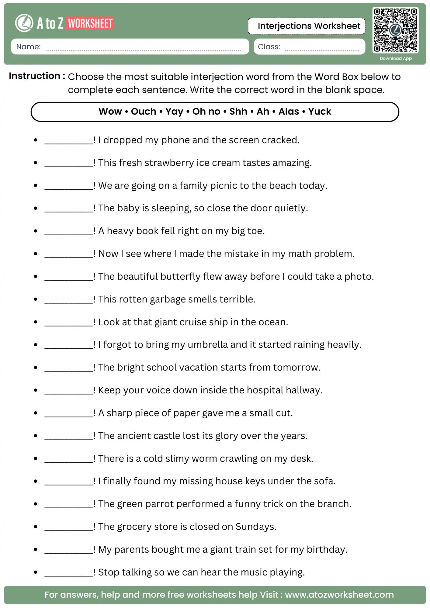 context based word box selection exercise within a printable interjections worksheet.