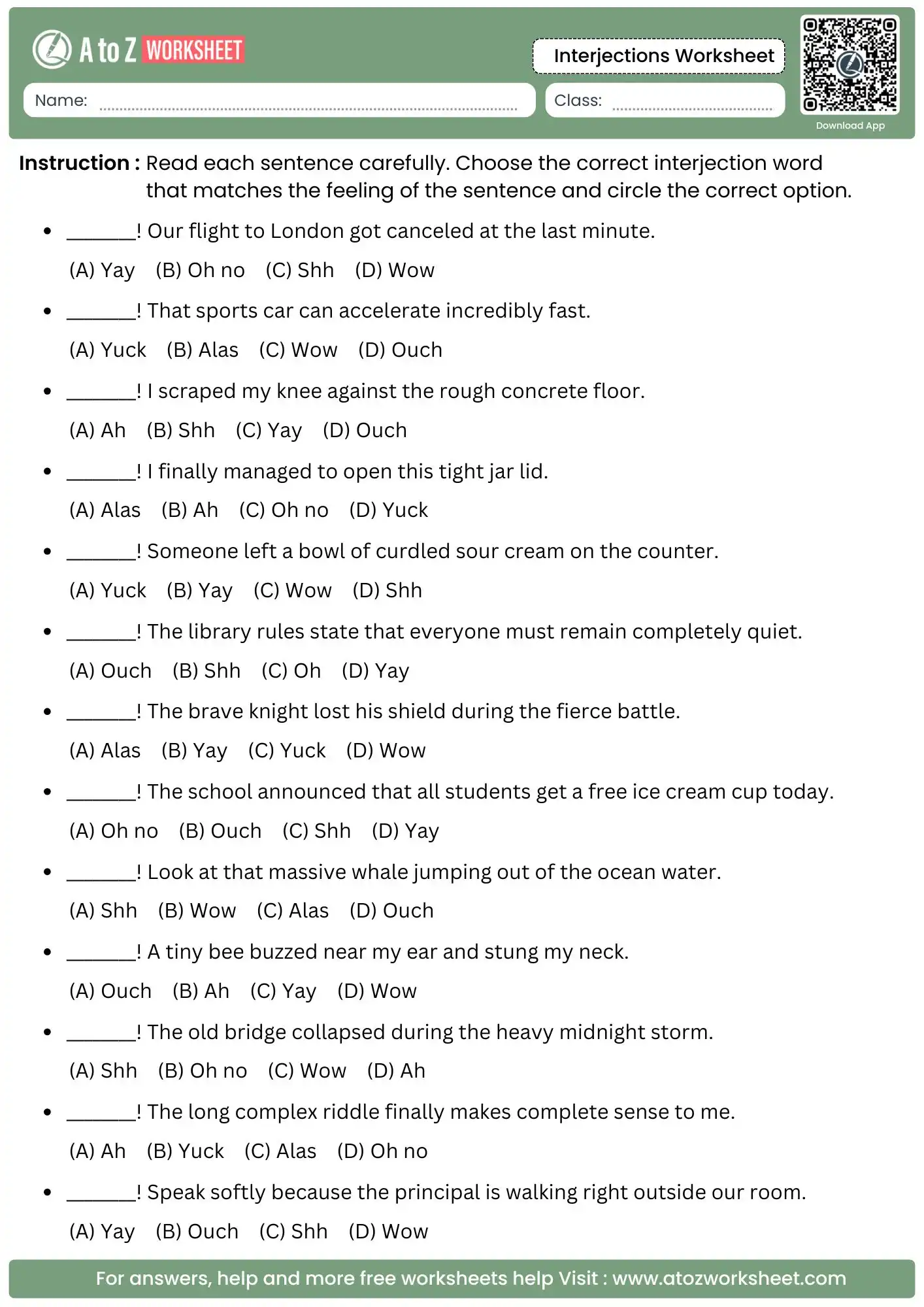 advanced multiple choice test questions for sentence completion within an interjections worksheet.