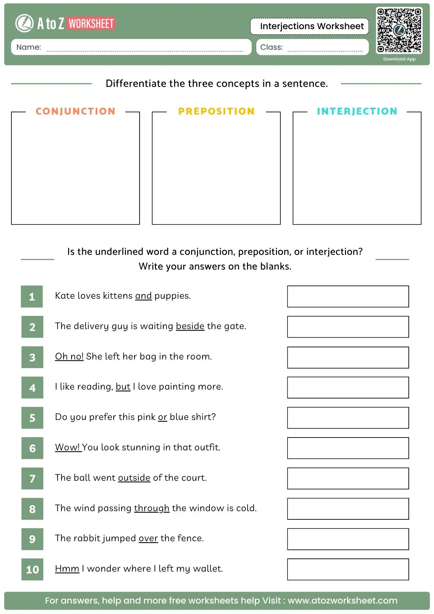 multi concept differentiation table separating prepositions conjunctions and emotional markers in an interjections worksheet.
