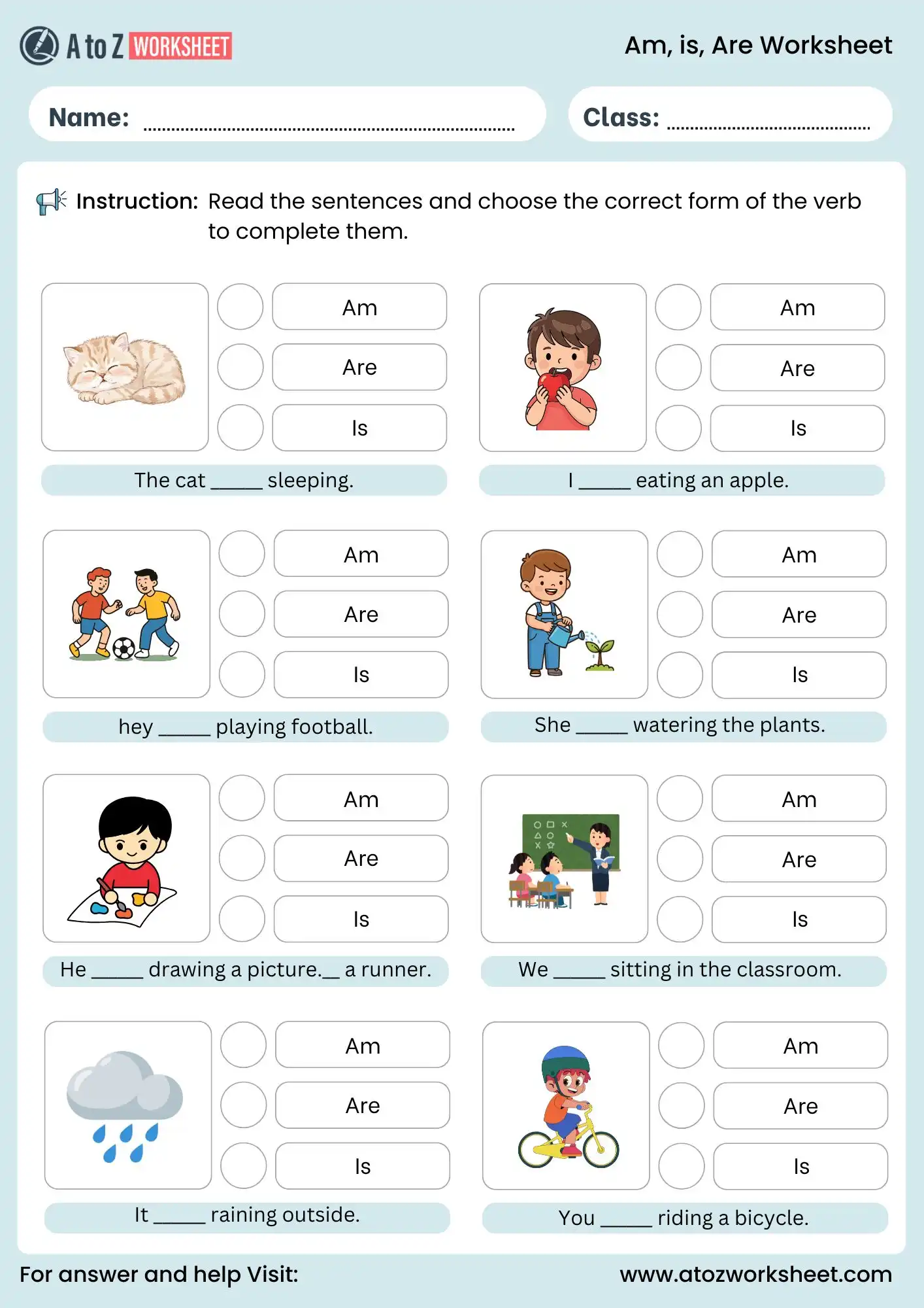 is am are worksheet for class 1 and class 2 with pictures