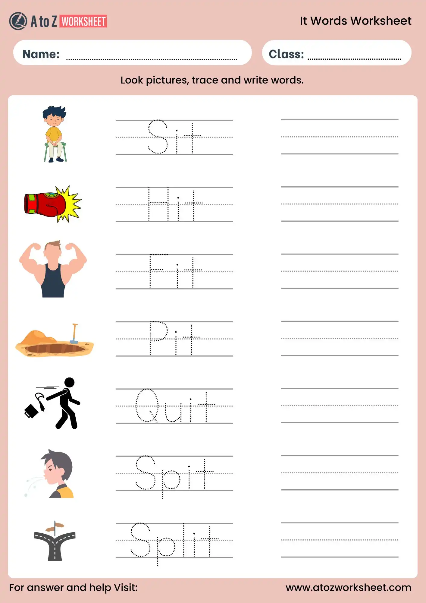 it word family worksheets tracing sit hit fit pit quit spit split