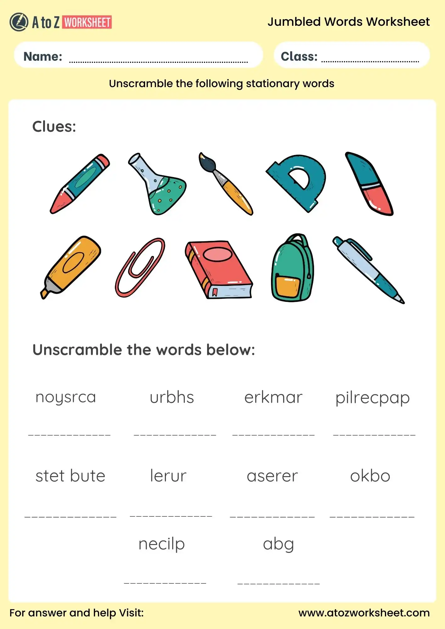 jumbled words worksheets with answers for stationery words pdf