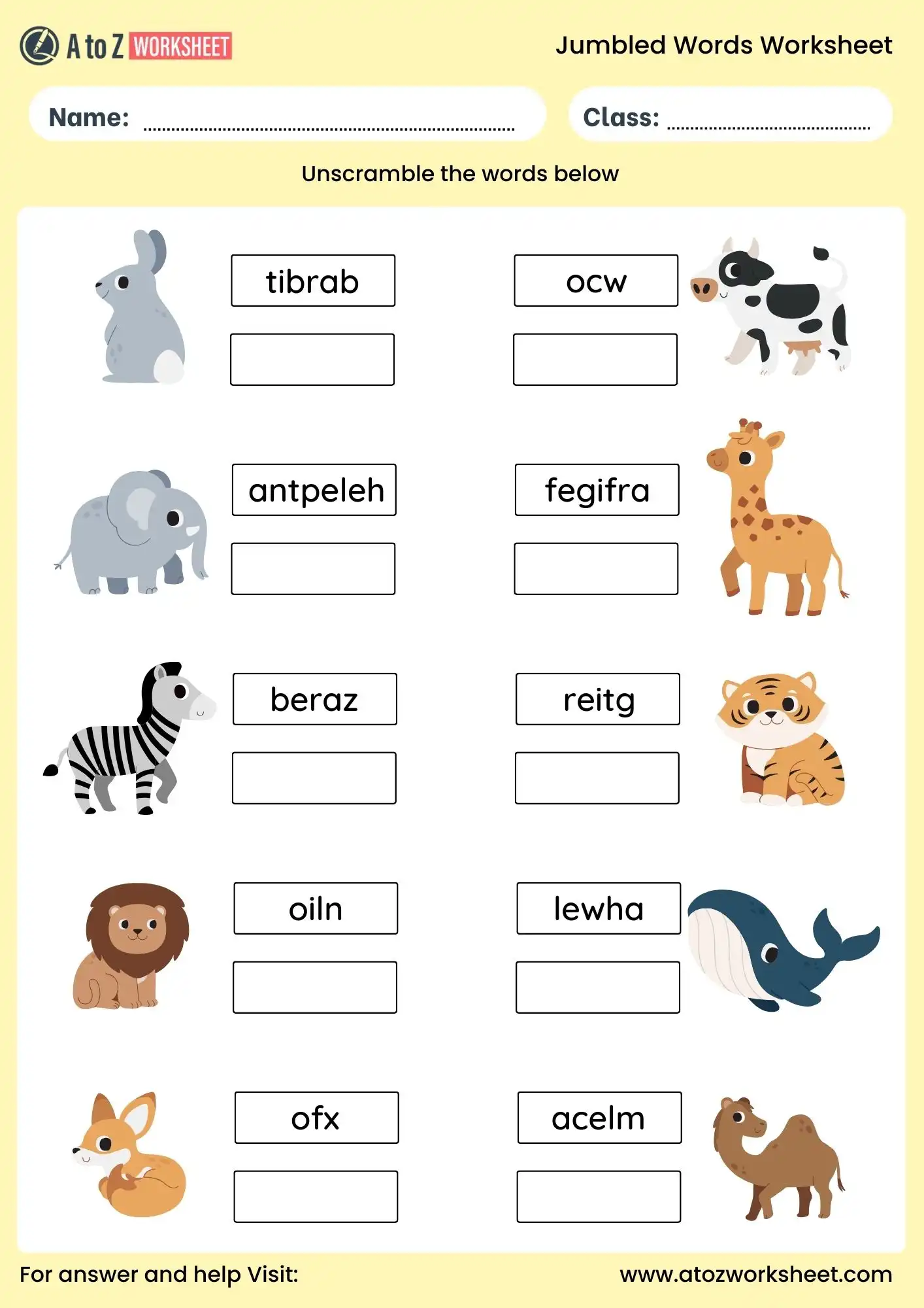 jumbled words worksheets animals theme with answers