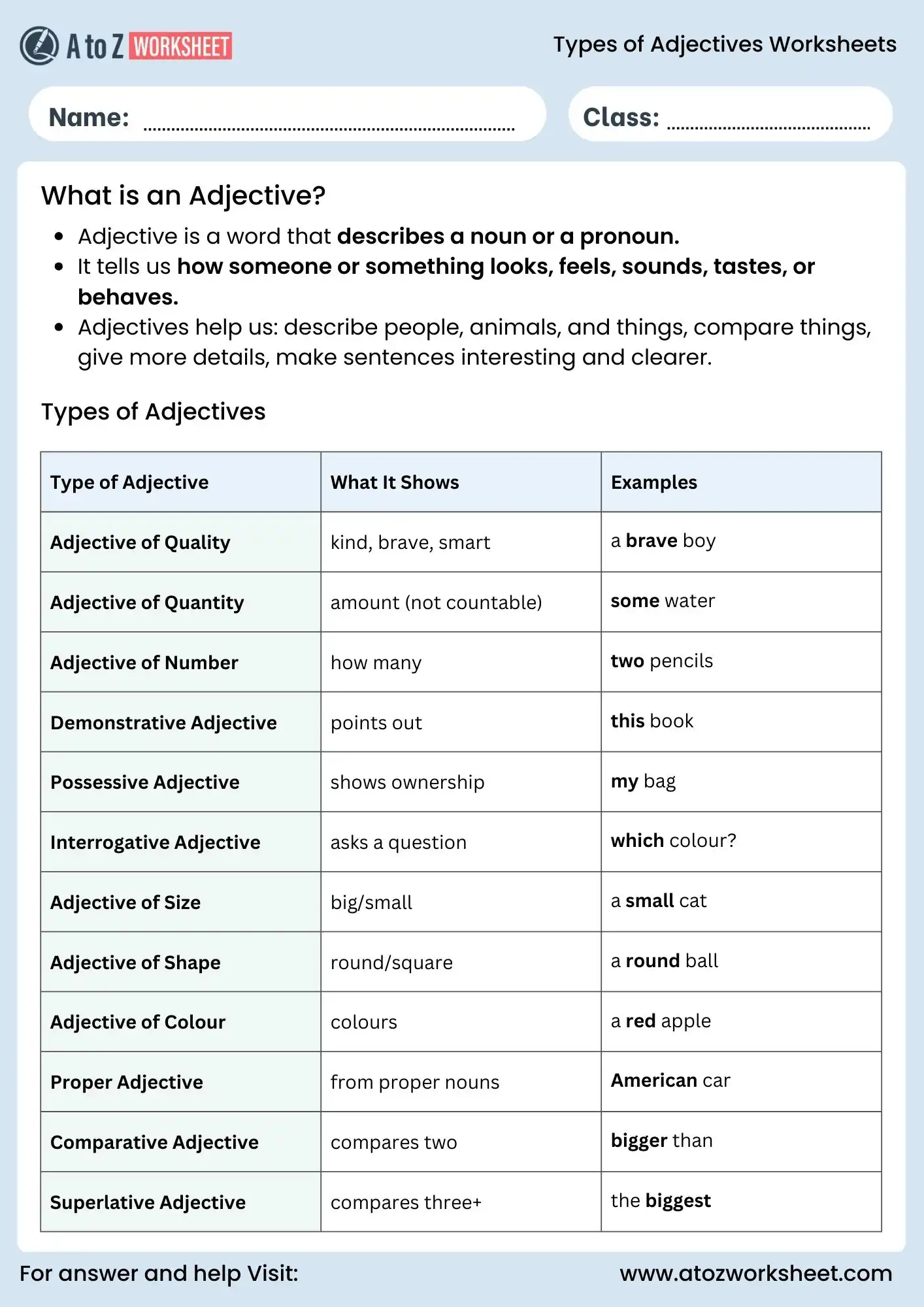 types of adjectives worksheets grade 3 grammar