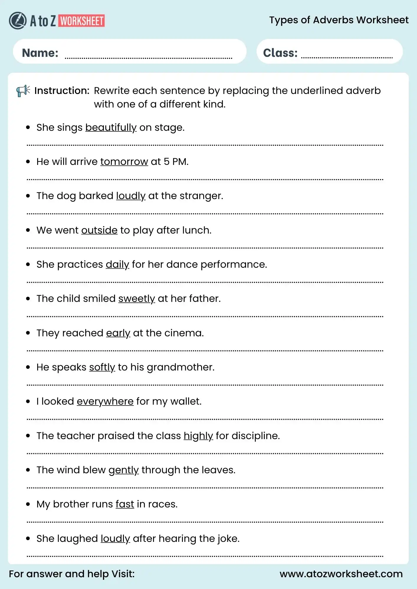 kinds of adverbs or types of adverbs worksheets rewrite with different adverb